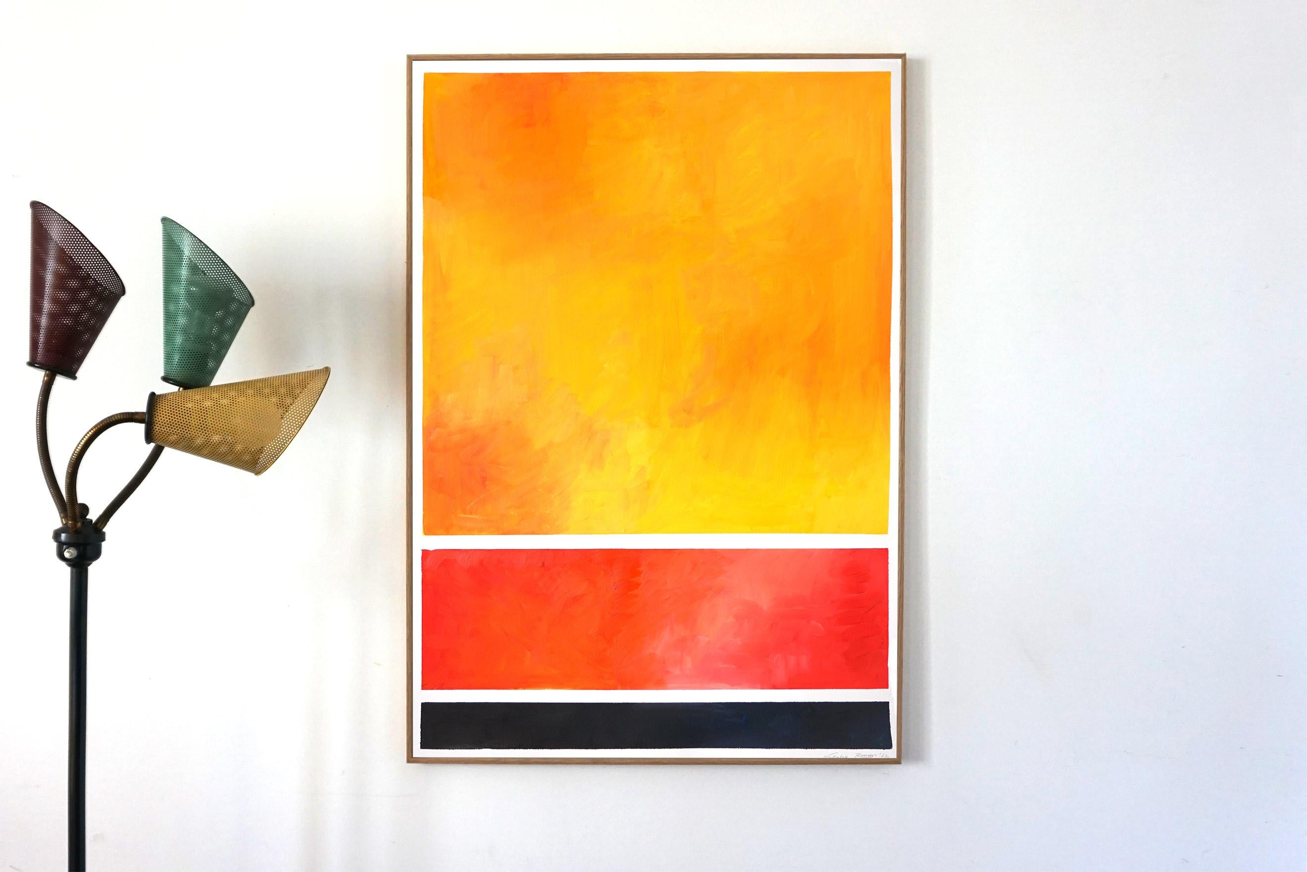 Campos de Colores, Geometría Gradiente en Amarillo, Rojo y Negro, Abstracto Vertical - Abstract Painting Naranja de Natalia Roman