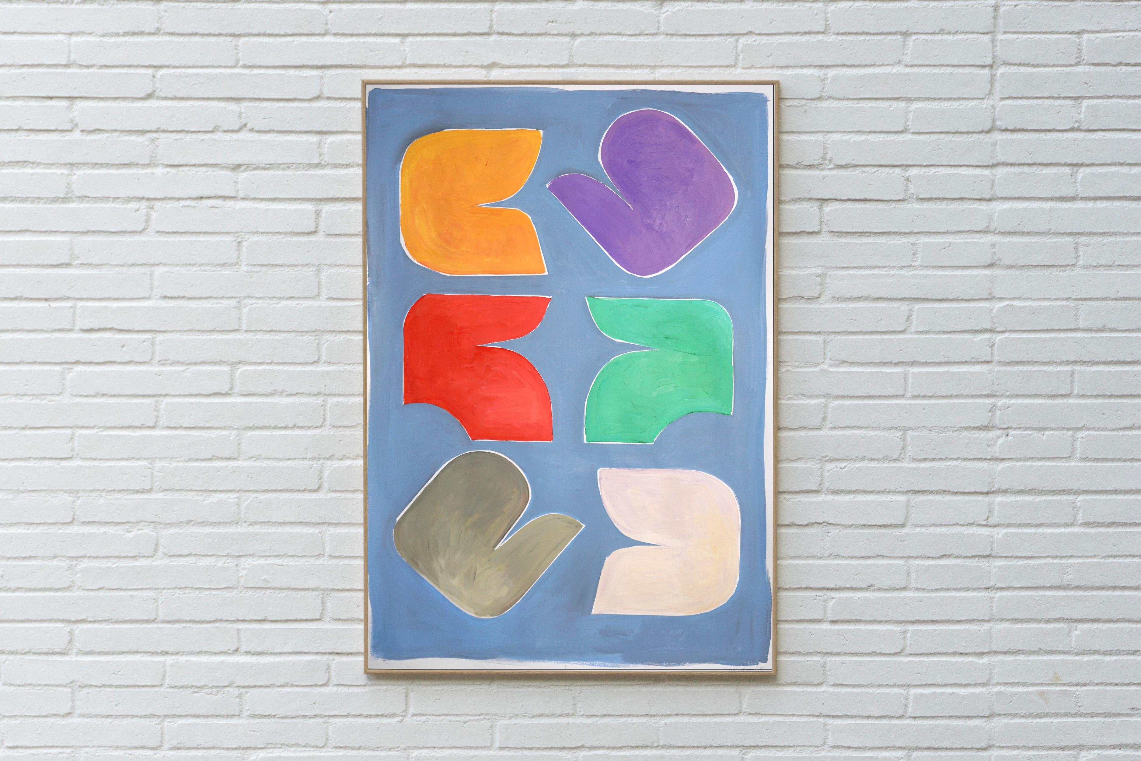 Fifties Block Shapes, Vertical Painting in Complementary Colors, Fresh Tones  - Blue Abstract Painting by Natalia Roman