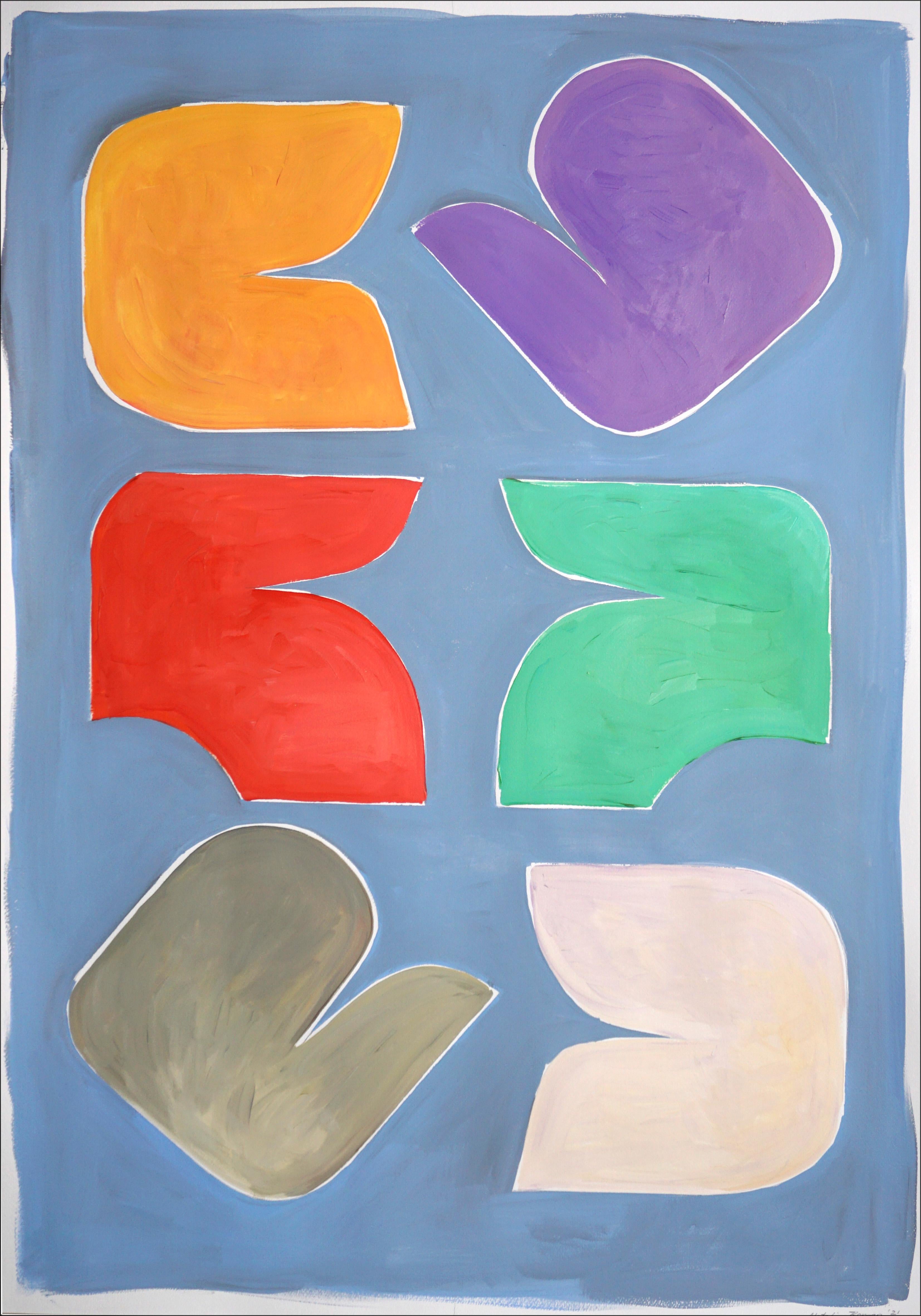 Natalia Roman Abstract Painting - Fifties Block Shapes, Vertical Painting in Complementary Colors, Fresh Tones 