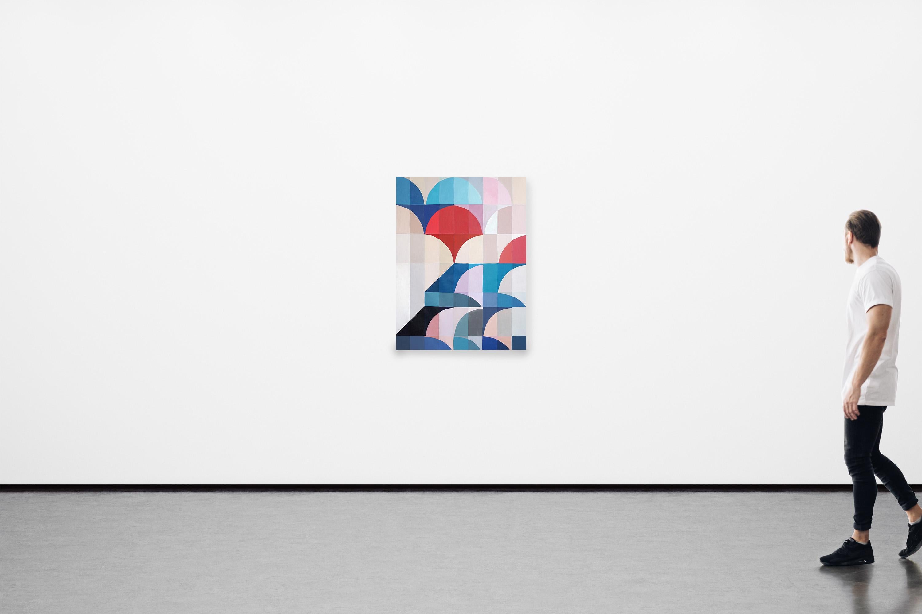 Flowing Firmament, Geometric Minimalism on Canvas, Architecture Balance in Blue - Painting by Natalia Roman