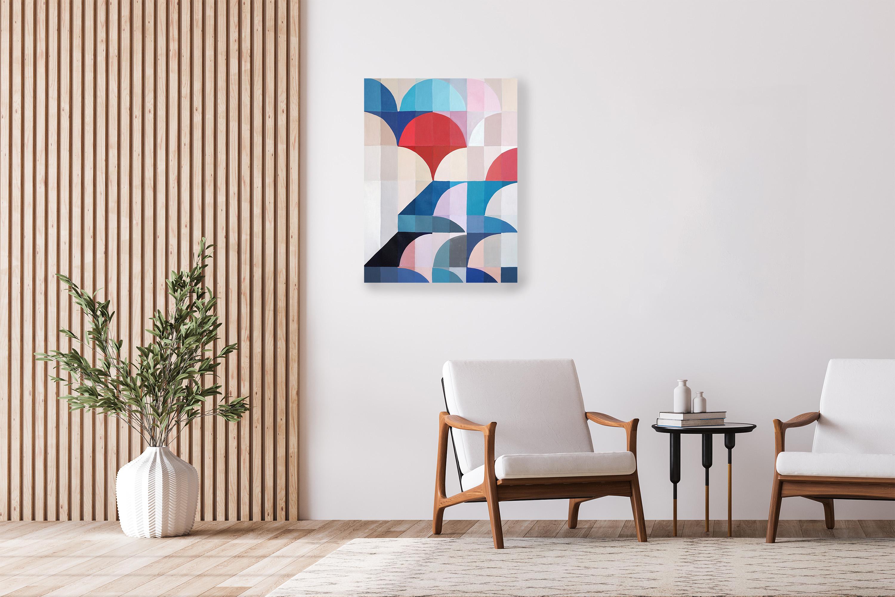 Flowing Firmament, Geometric Minimalism on Canvas, Architecture Balance in Blue - Bauhaus Painting by Natalia Roman