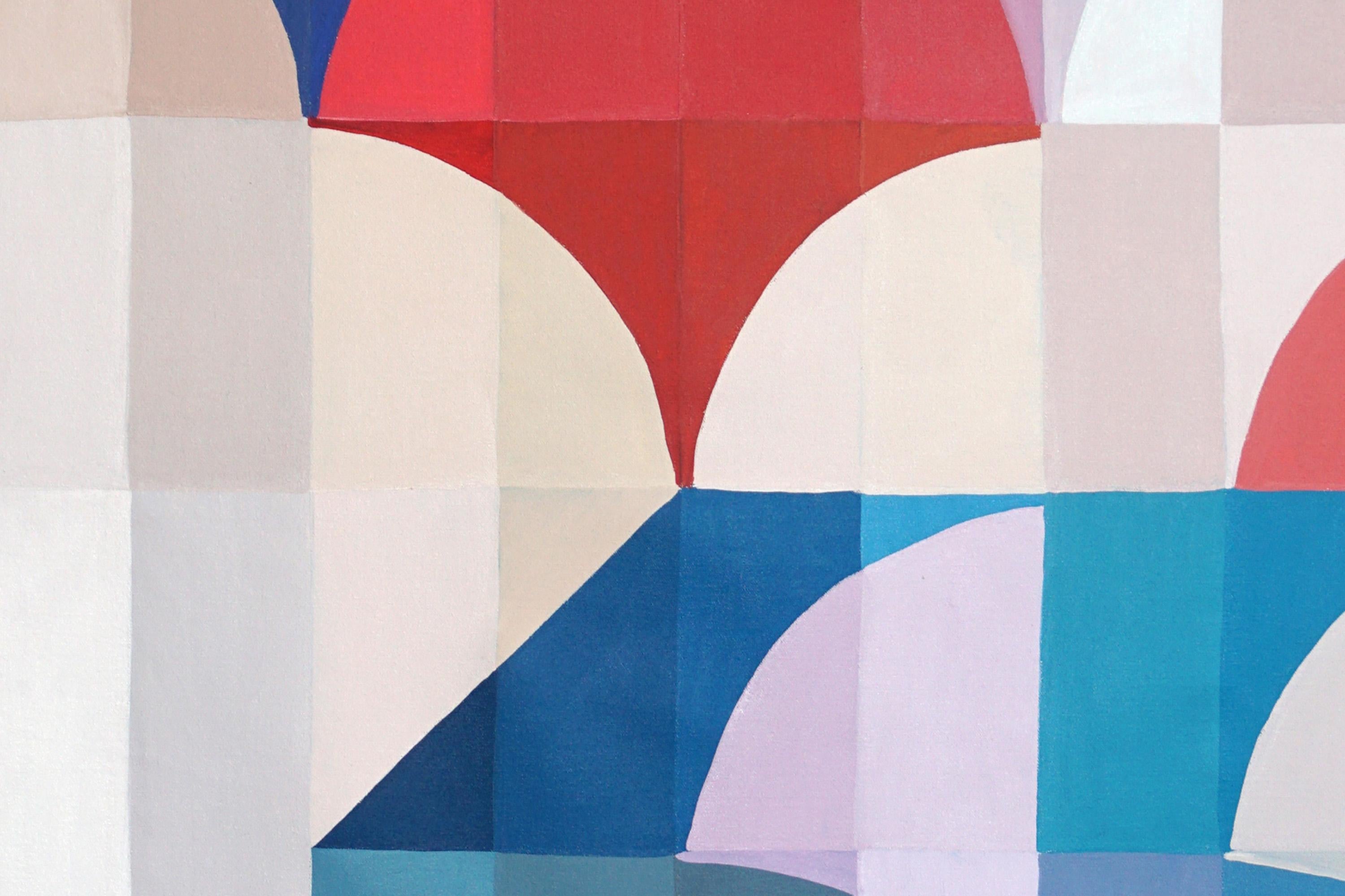 Flowing Firmament, Geometric Minimalism on Canvas, Architecture Balance in Blue - Gray Abstract Painting by Natalia Roman