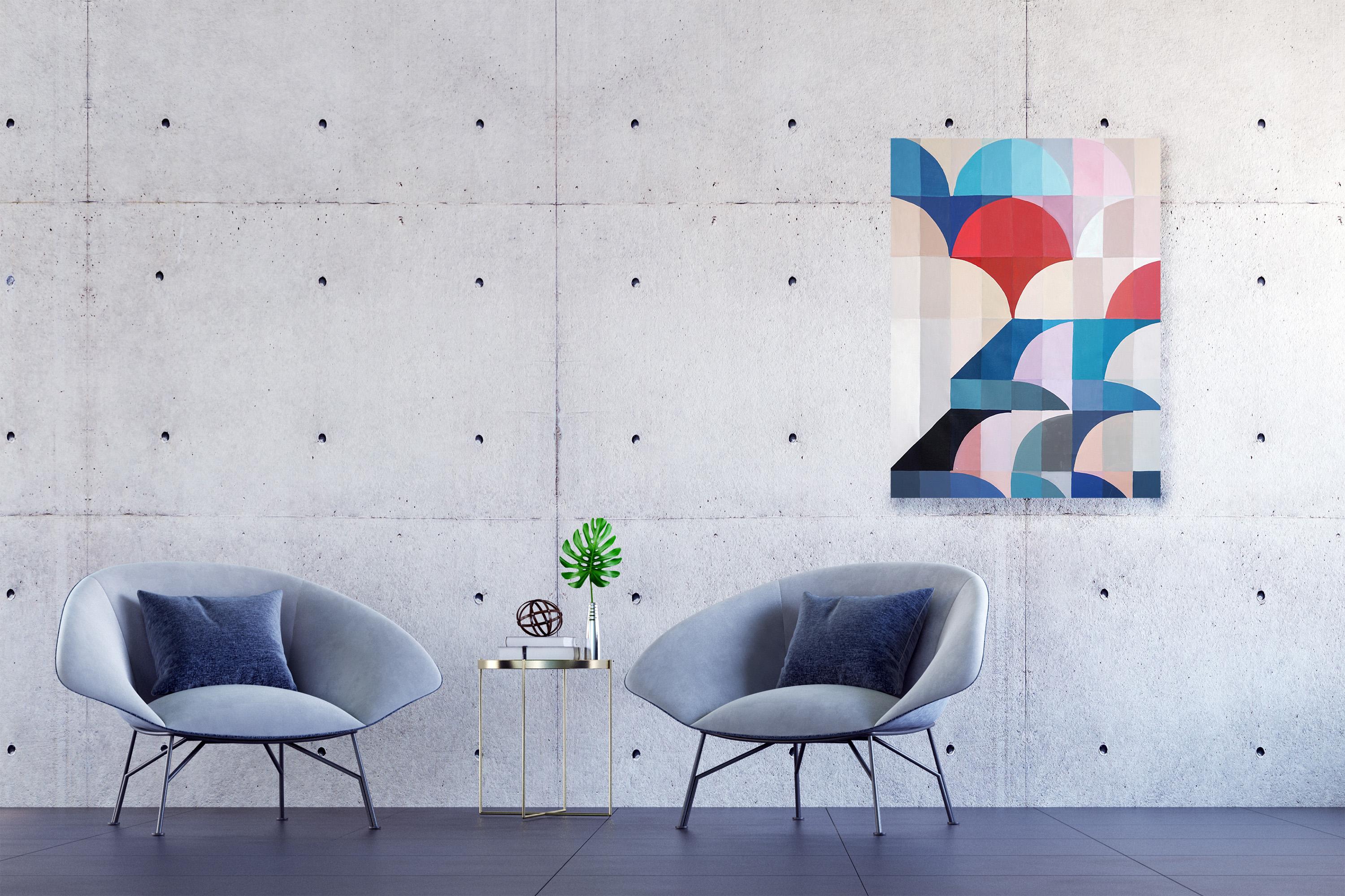 Flowing Firmament explores the rhythm of geometry and color through a serene interplay of arches and soft grids. Painted on canvas, the composition evokes architectural harmony and celestial balance, blending cool blues and warm reds into a