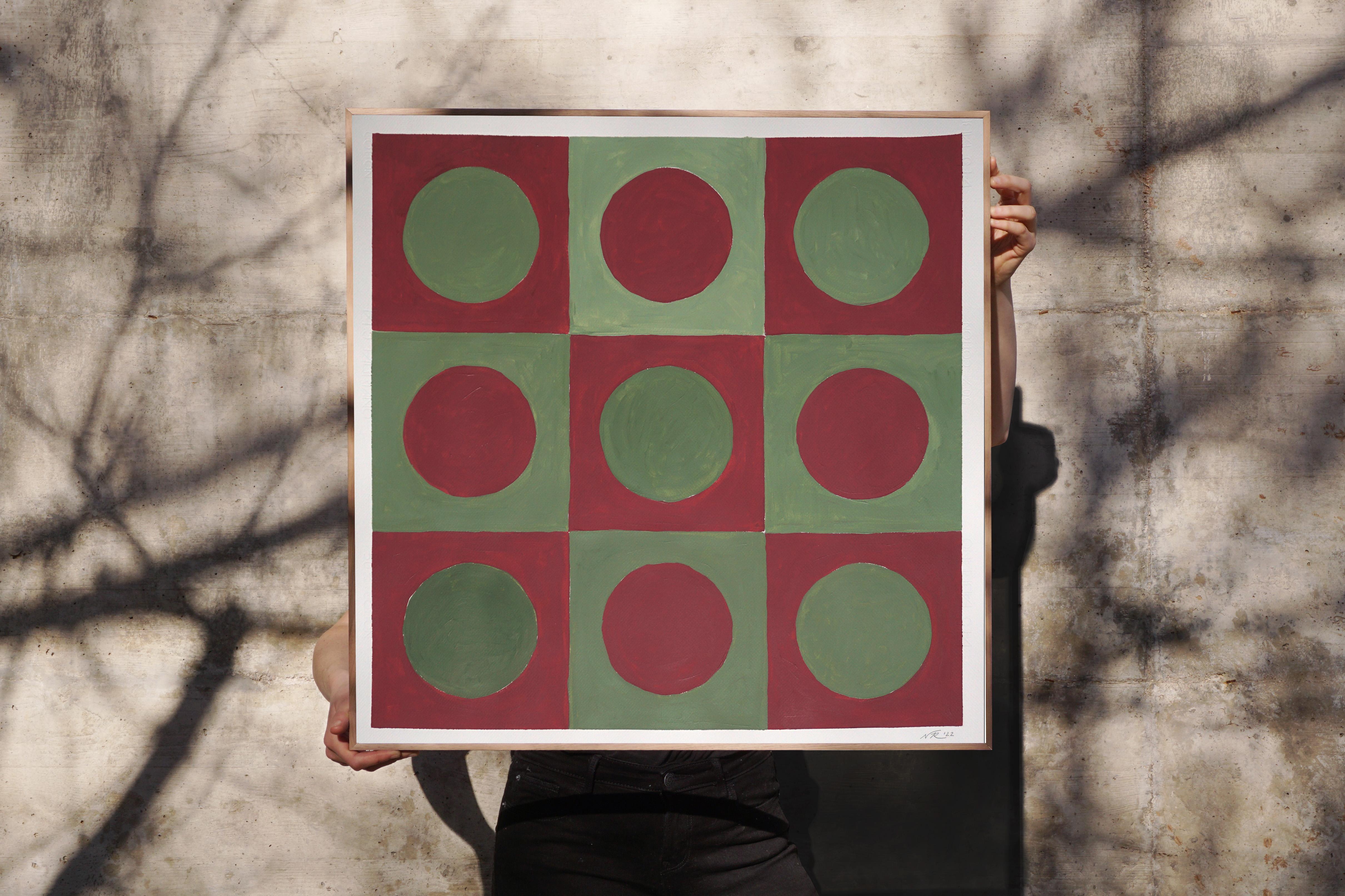 Forest Tile Grid, Abstraktes geometrisches Muster, Grün und Rot, Bauhaus Schachbrett (Braun), Abstract Painting, von Natalia Roman
