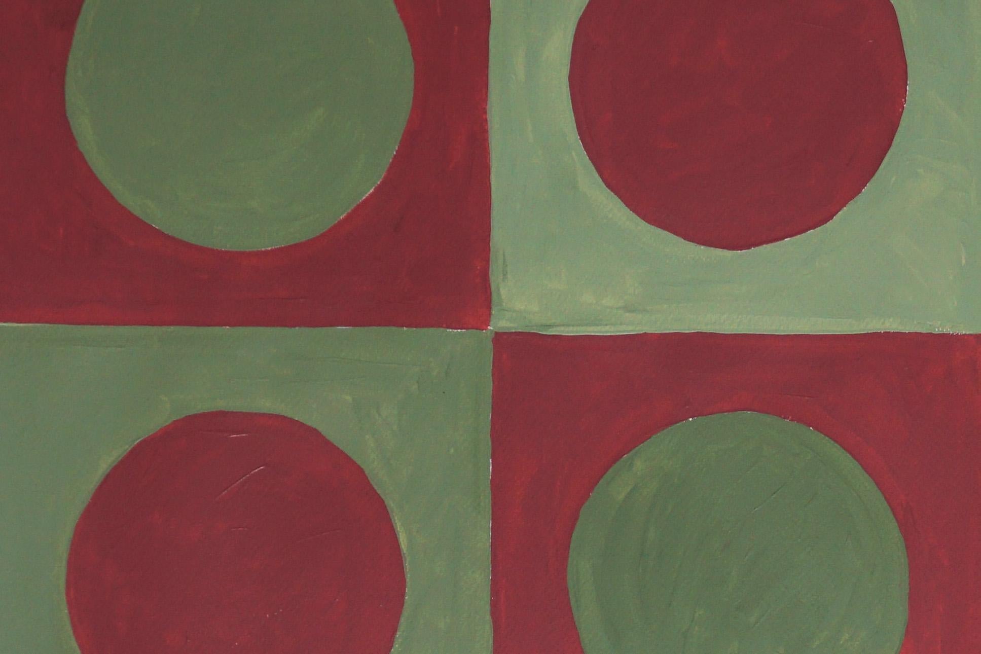 Forest Tile Grid, Abstraktes geometrisches Muster, Grün und Rot, Bauhaus Schachbrett im Angebot 1