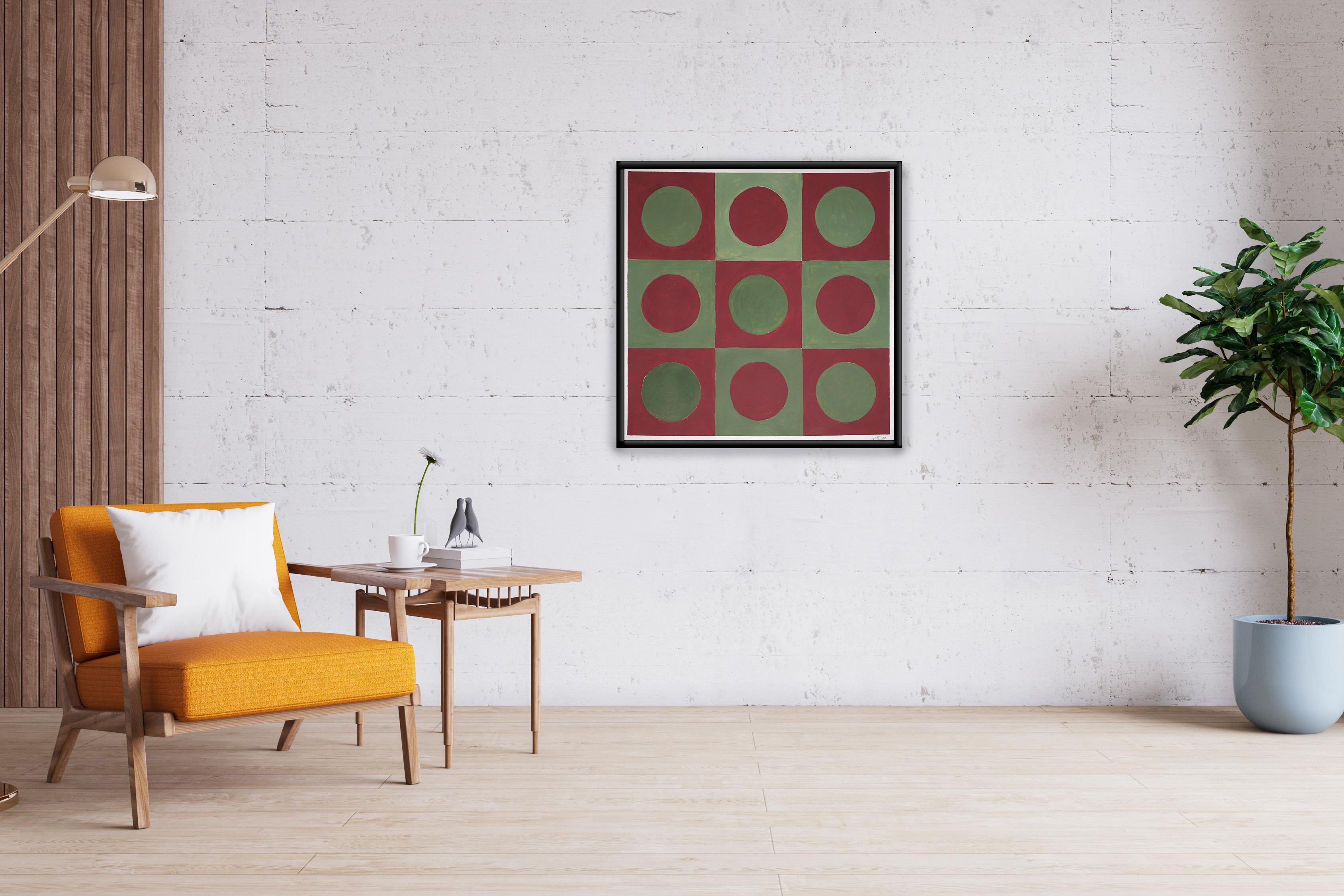 Forest Tile Grid, Abstraktes geometrisches Muster, Grün und Rot, Bauhaus Schachbrett im Angebot 3