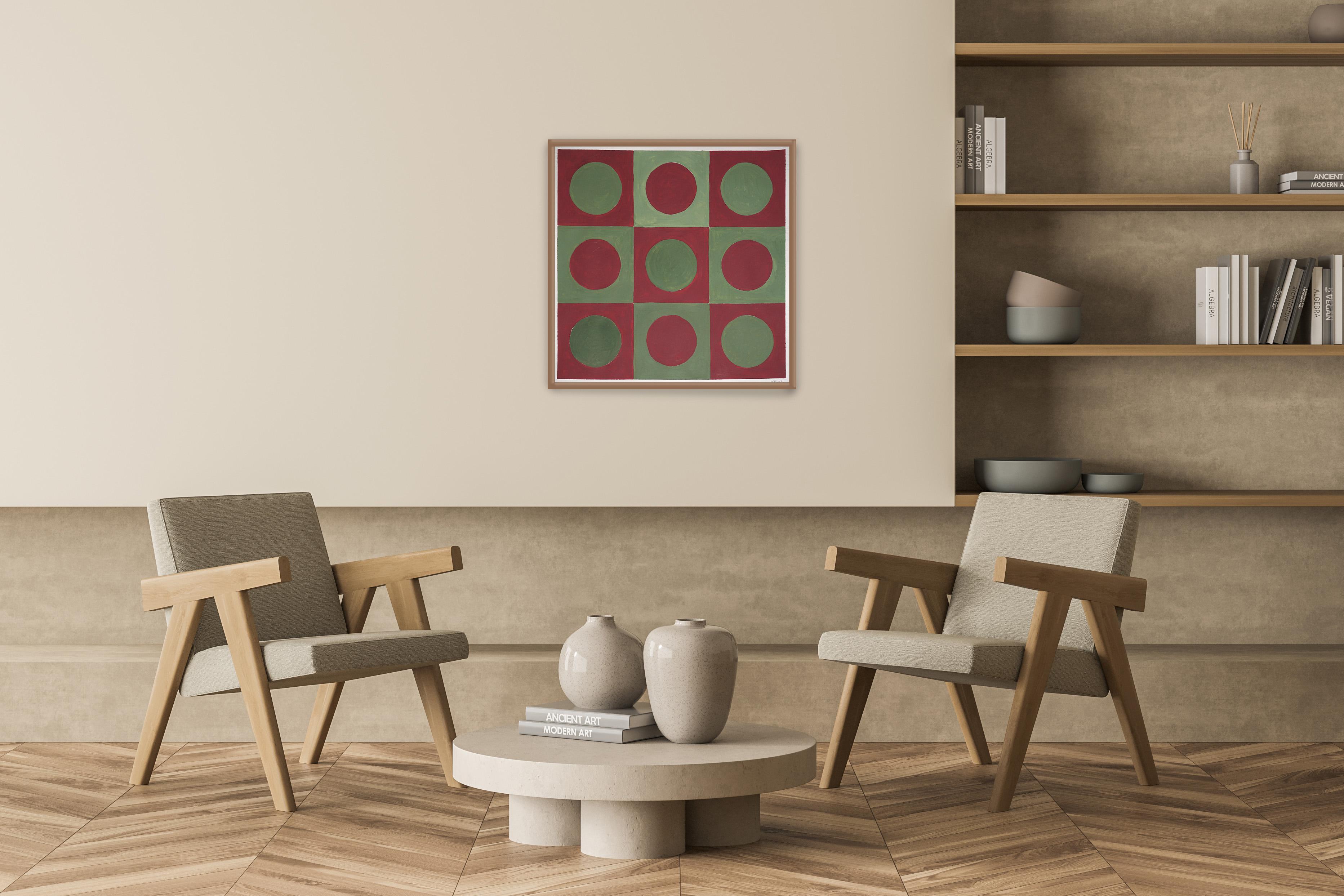 Forest Tile Grid, Abstract Geometric Pattern, Green and Red, Bauhaus Chessboard For Sale 1