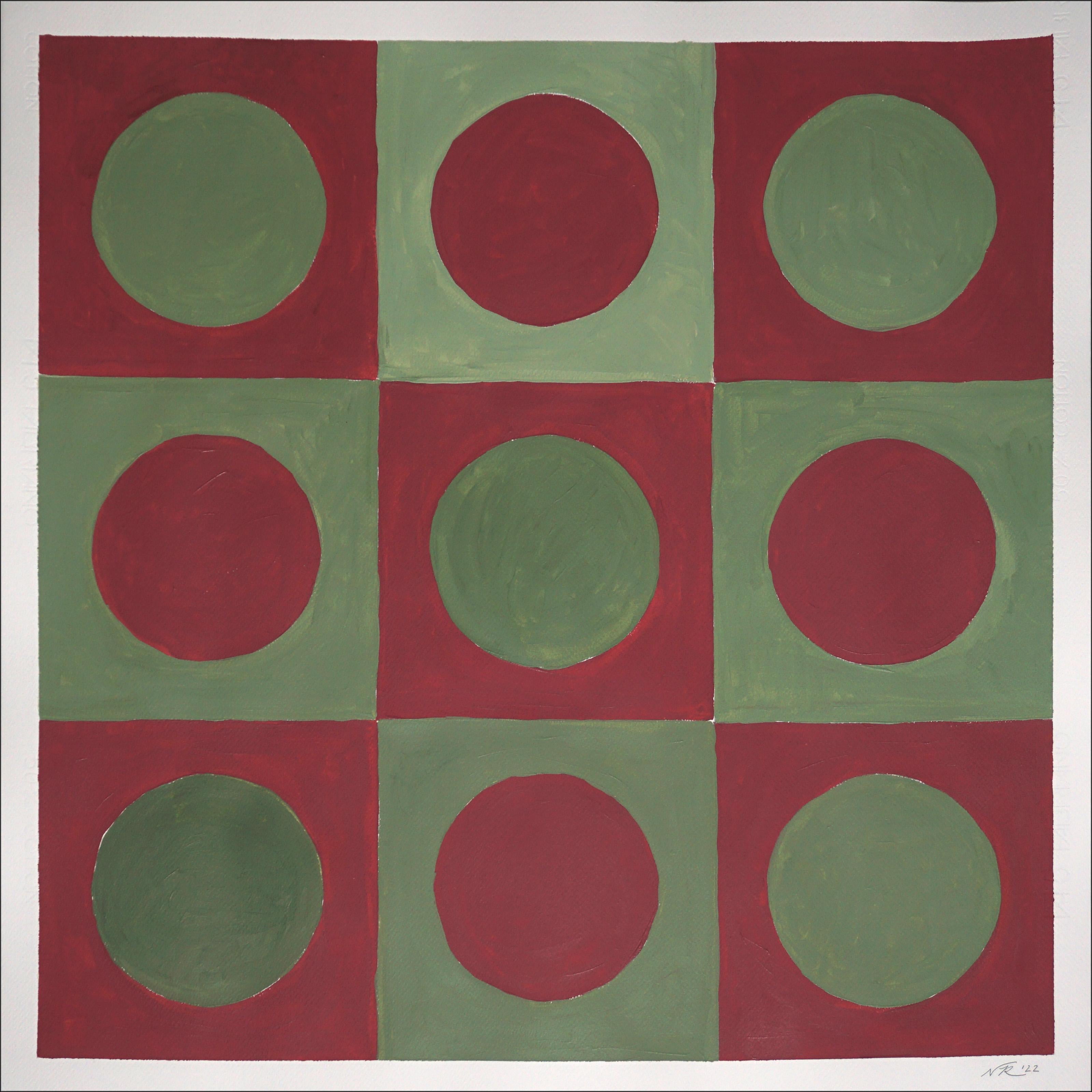 Natalia Roman Abstract Painting - Forest Tile Grid, Abstract Geometric Pattern, Green and Red, Bauhaus Chessboard