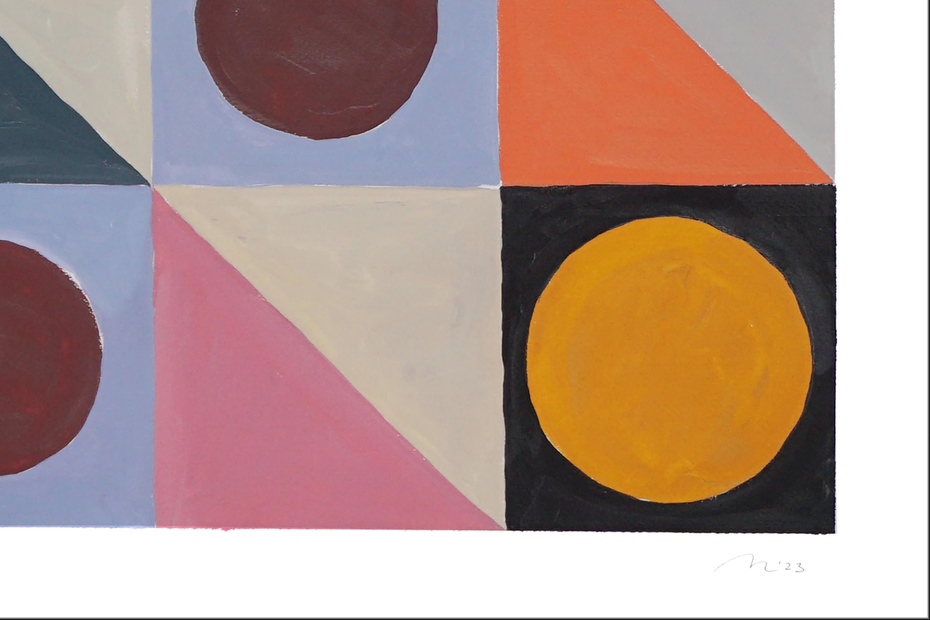 Ensalada de Frutas Patchwork, Círculos y Cuadrados, Cuadrícula Geométrica, Amarillo, Azul, Rosa - Painting Bauhaus de Natalia Roman