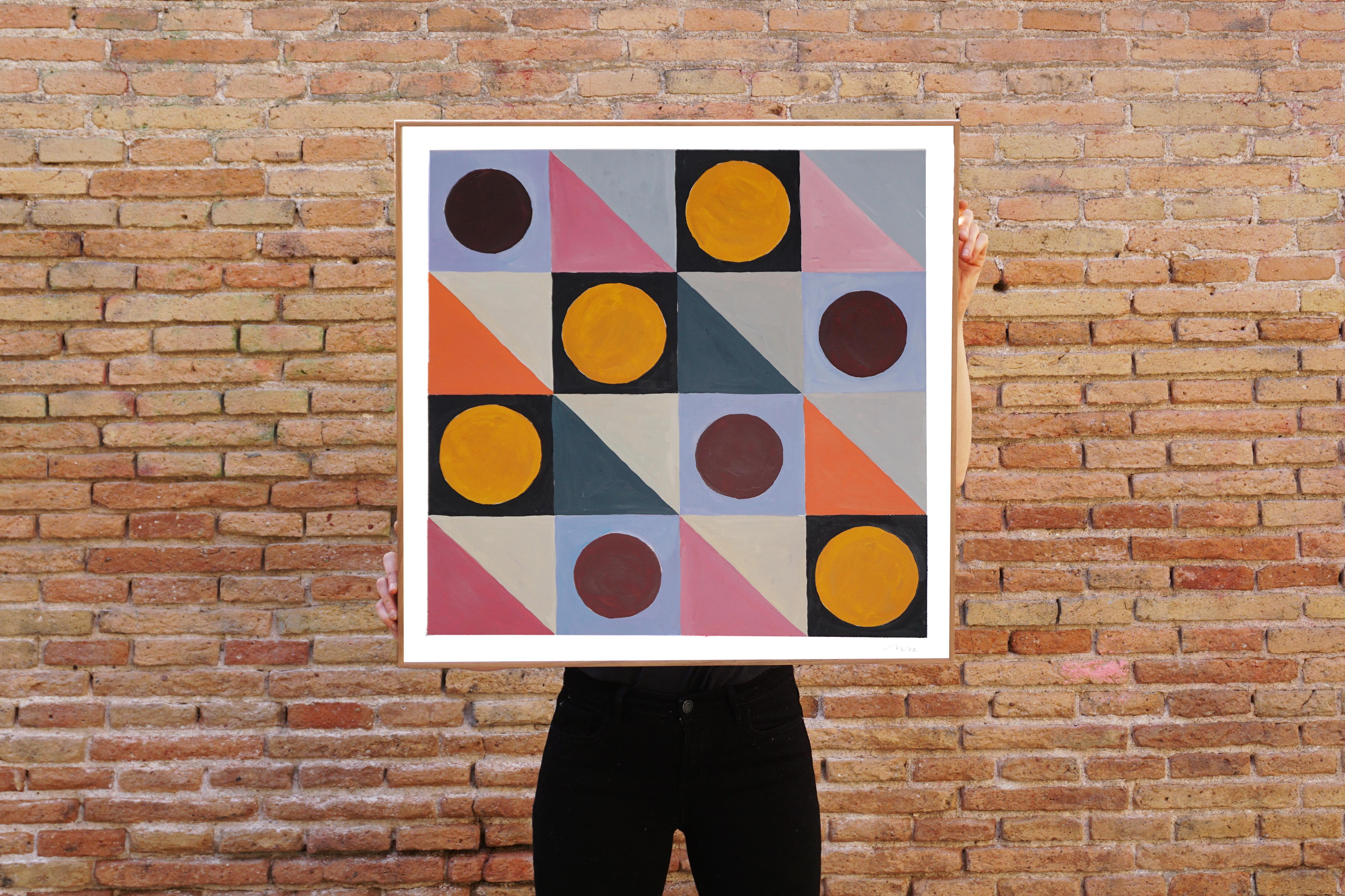 Ensalada de Frutas Patchwork, Círculos y Cuadrados, Cuadrícula Geométrica, Amarillo, Azul, Rosa en venta 2