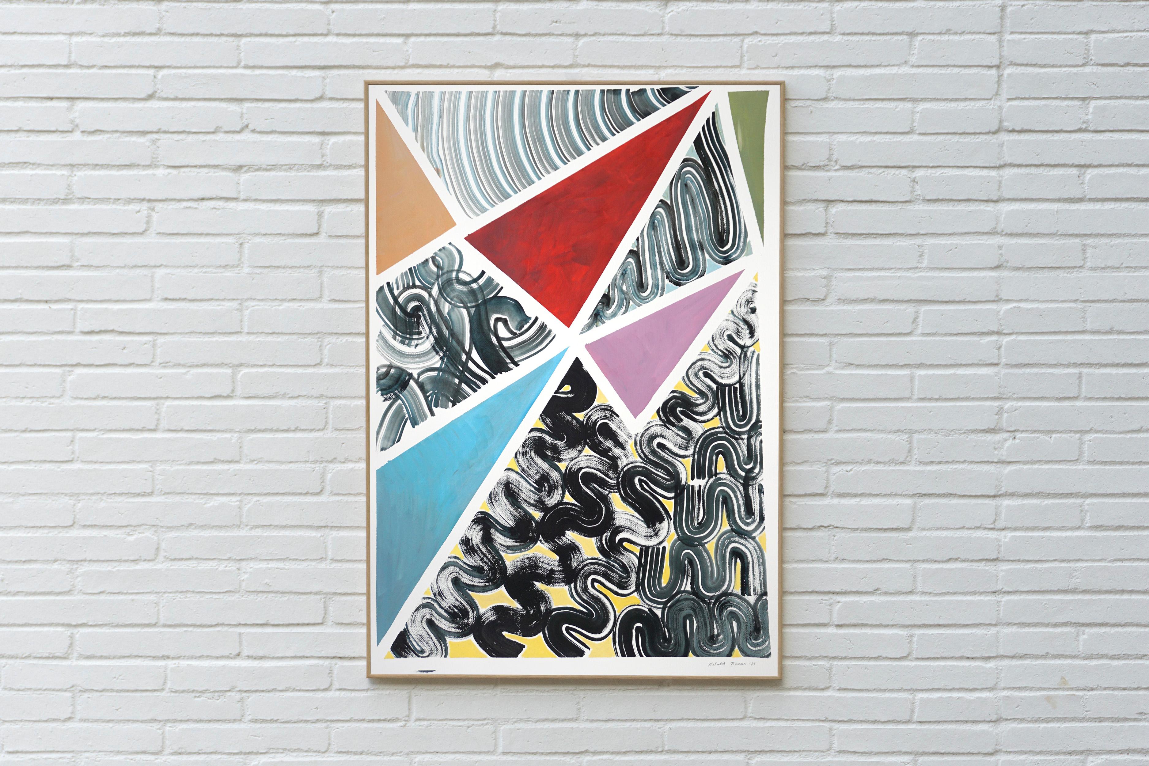 Funky Geometry, Triangles and Swirls in Red, Blue and Black, Retro Futuristic  - Constructivist Painting by Natalia Roman