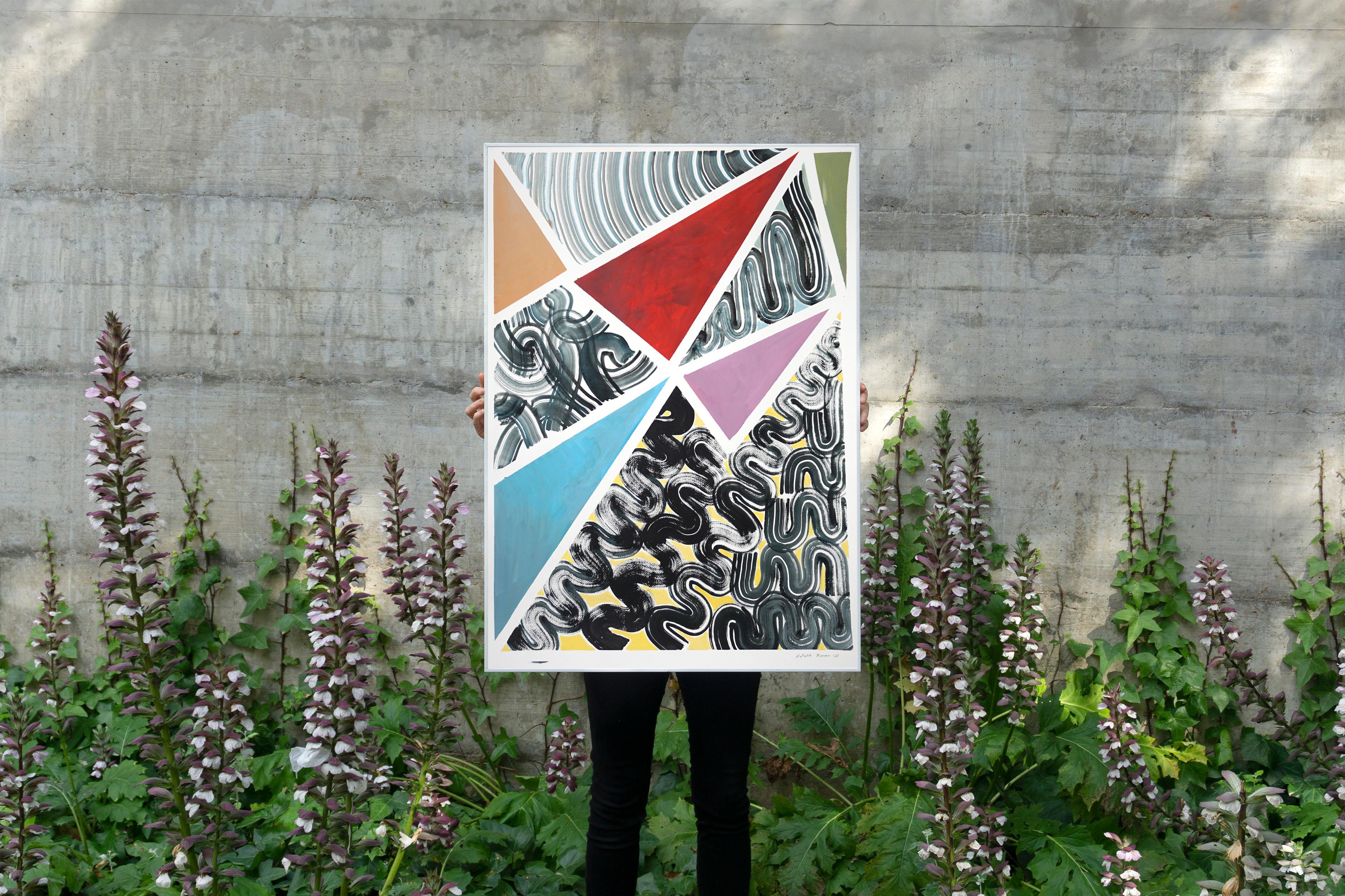 Geometria funky, triangoli e vortici in rosso, blu e nero, retrò e futuristico in vendita 2
