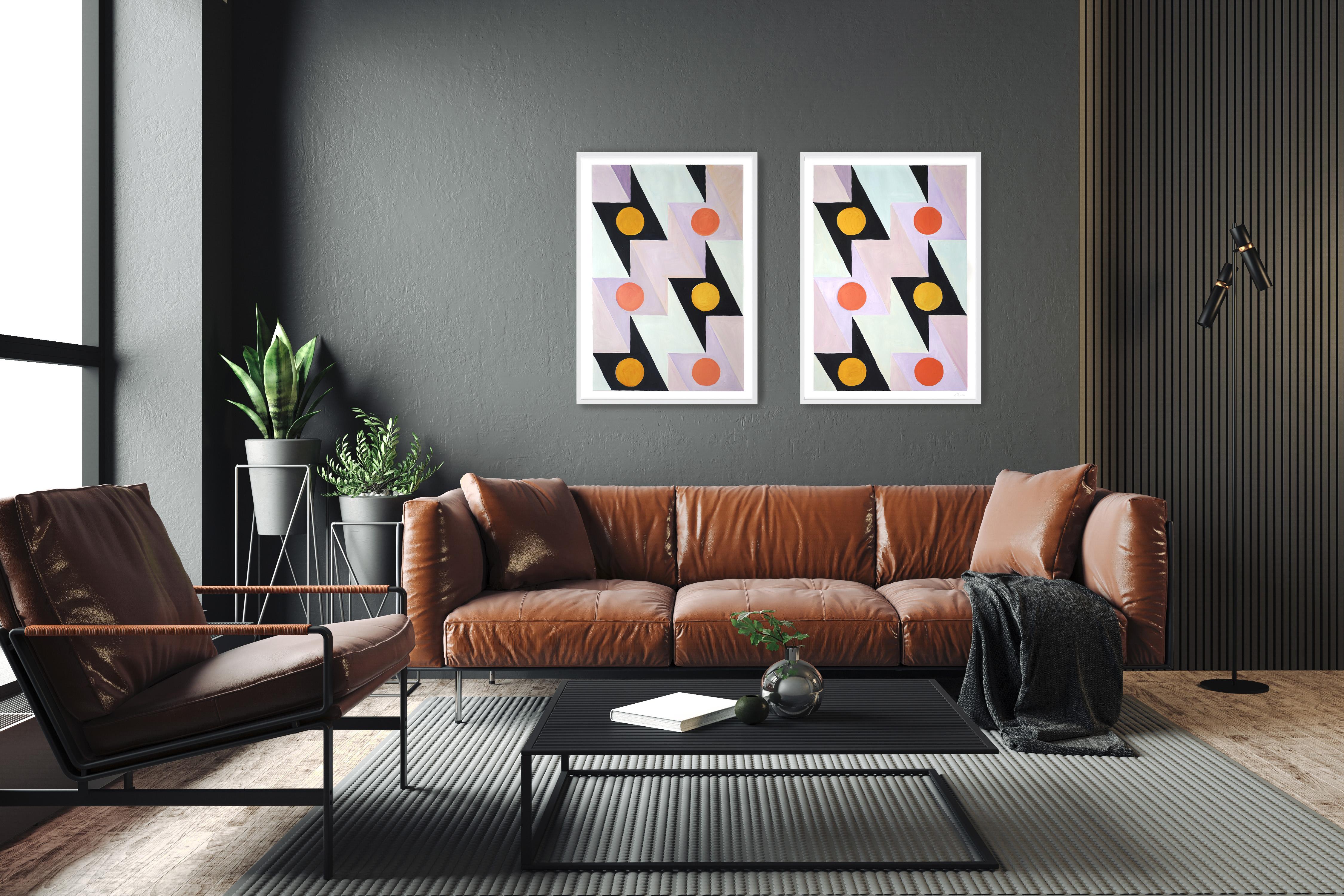 Futurist Lightning Bolt Tiles, Pattern Diptych, Pastel Tones Coral, Green, Black - Painting by Natalia Roman