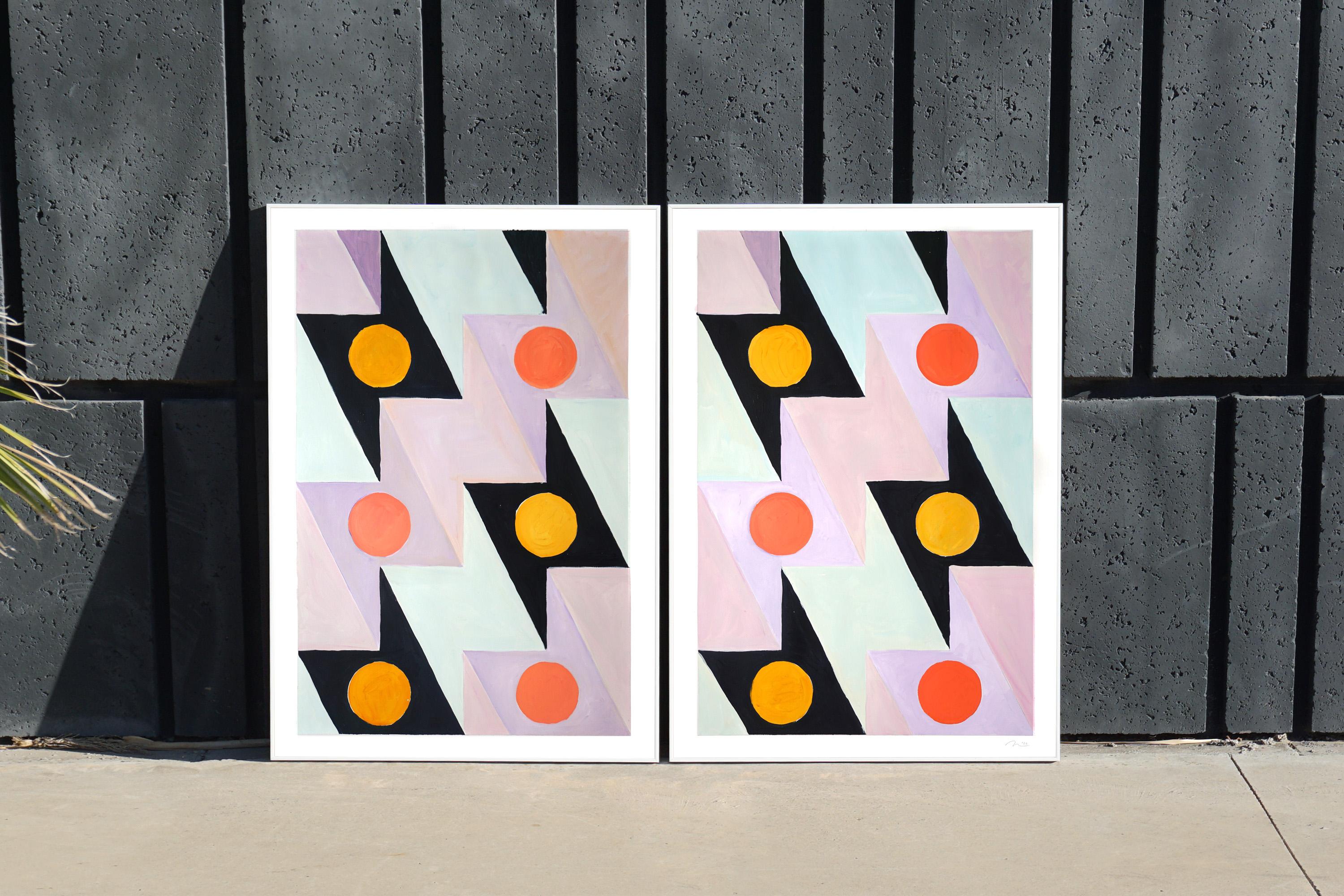 Futurist Lightning Bolt Tiles, Pattern Diptych, Pastel Tones Coral, Green, Black For Sale 1