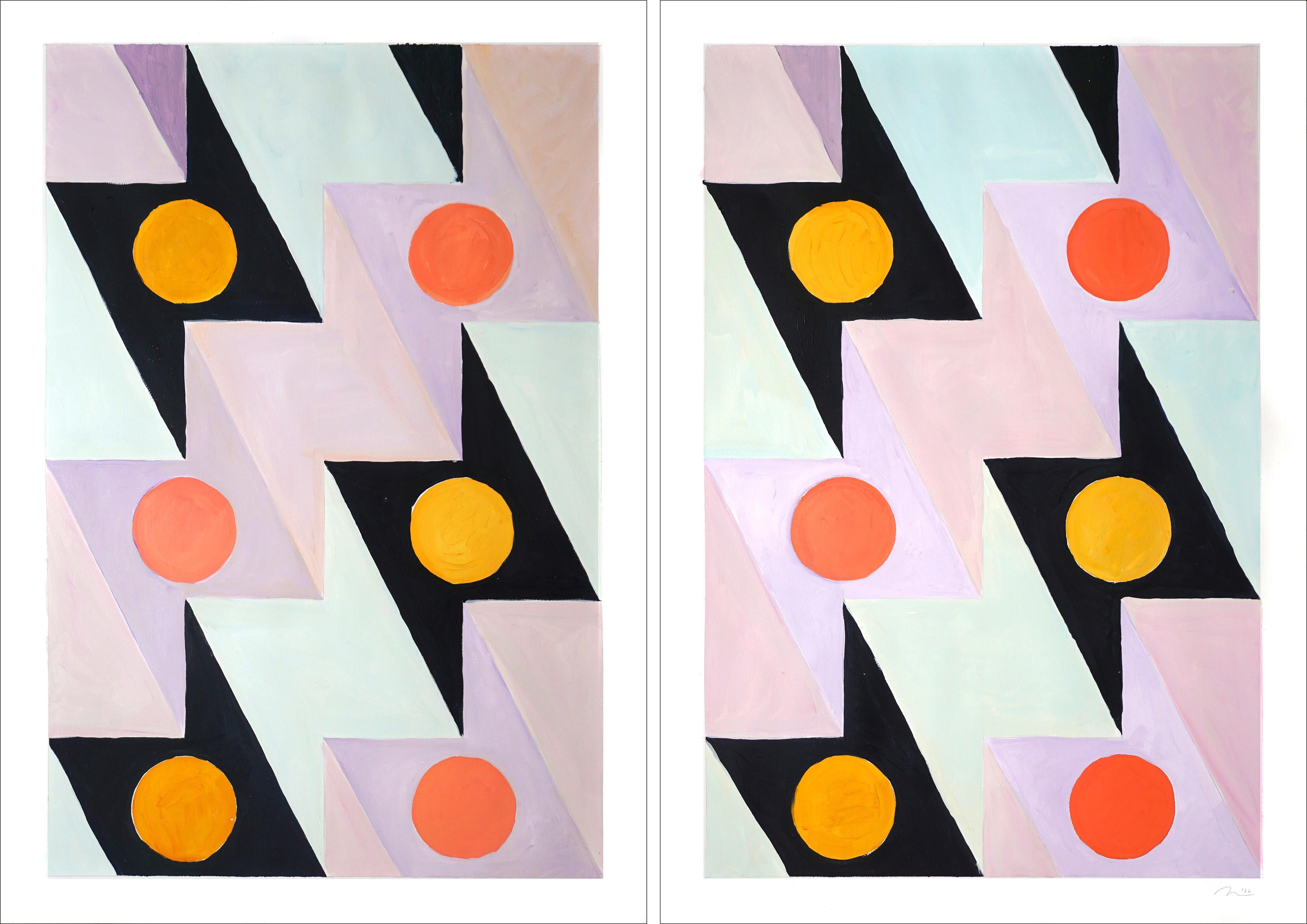 Futurist Lightning Bolt Tiles, Pattern Diptych, Pastel Tones Coral, Green, Black