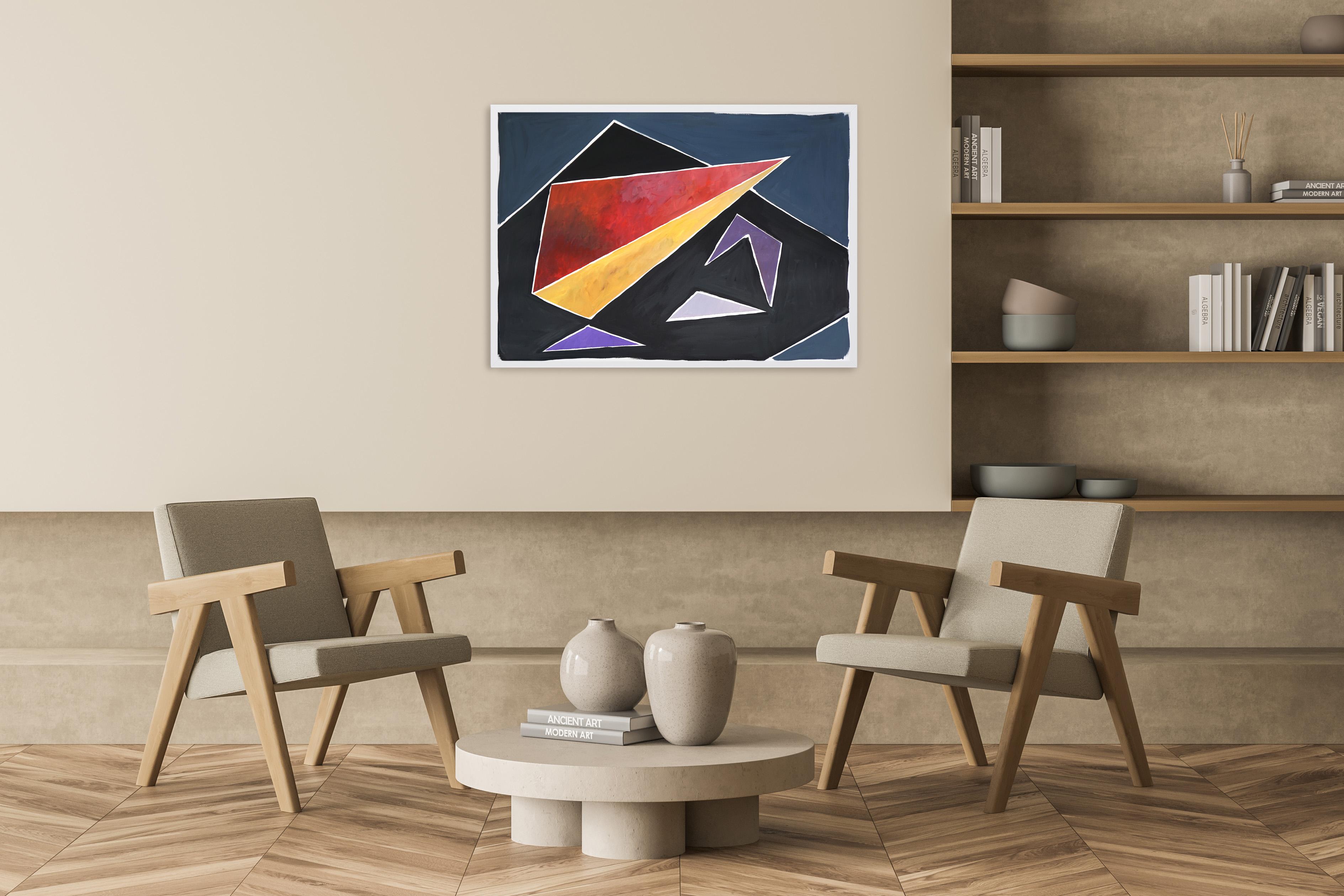 Géométrie constructiviste futuriste, couleurs primaires triangulaires et formes sur noir - Constructiviste Painting par Natalia Roman