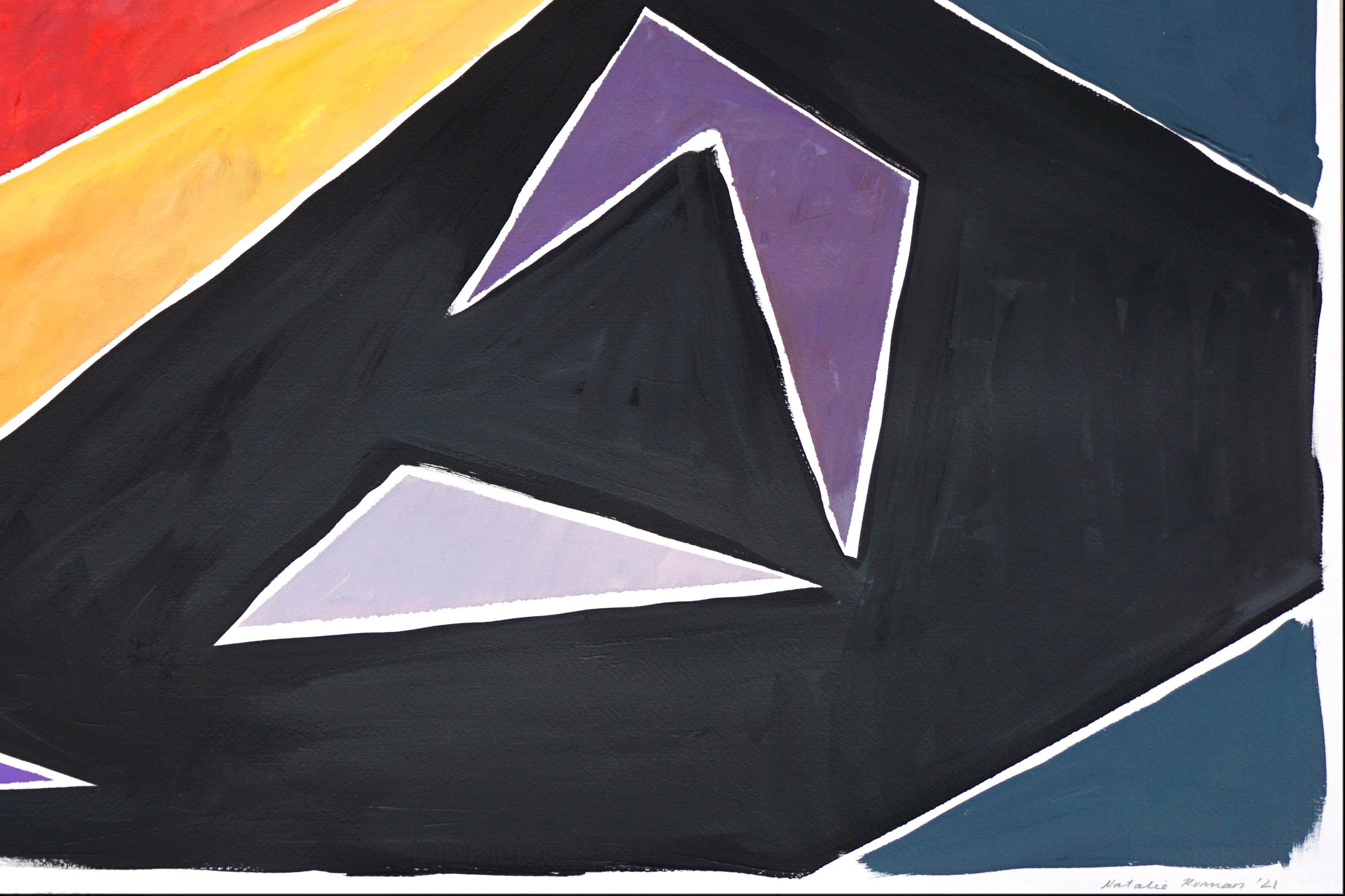 Geometria costruttivista futuristica, triangoli e forme di colori primari su nero - Still-Life Painting Nero di Natalia Roman