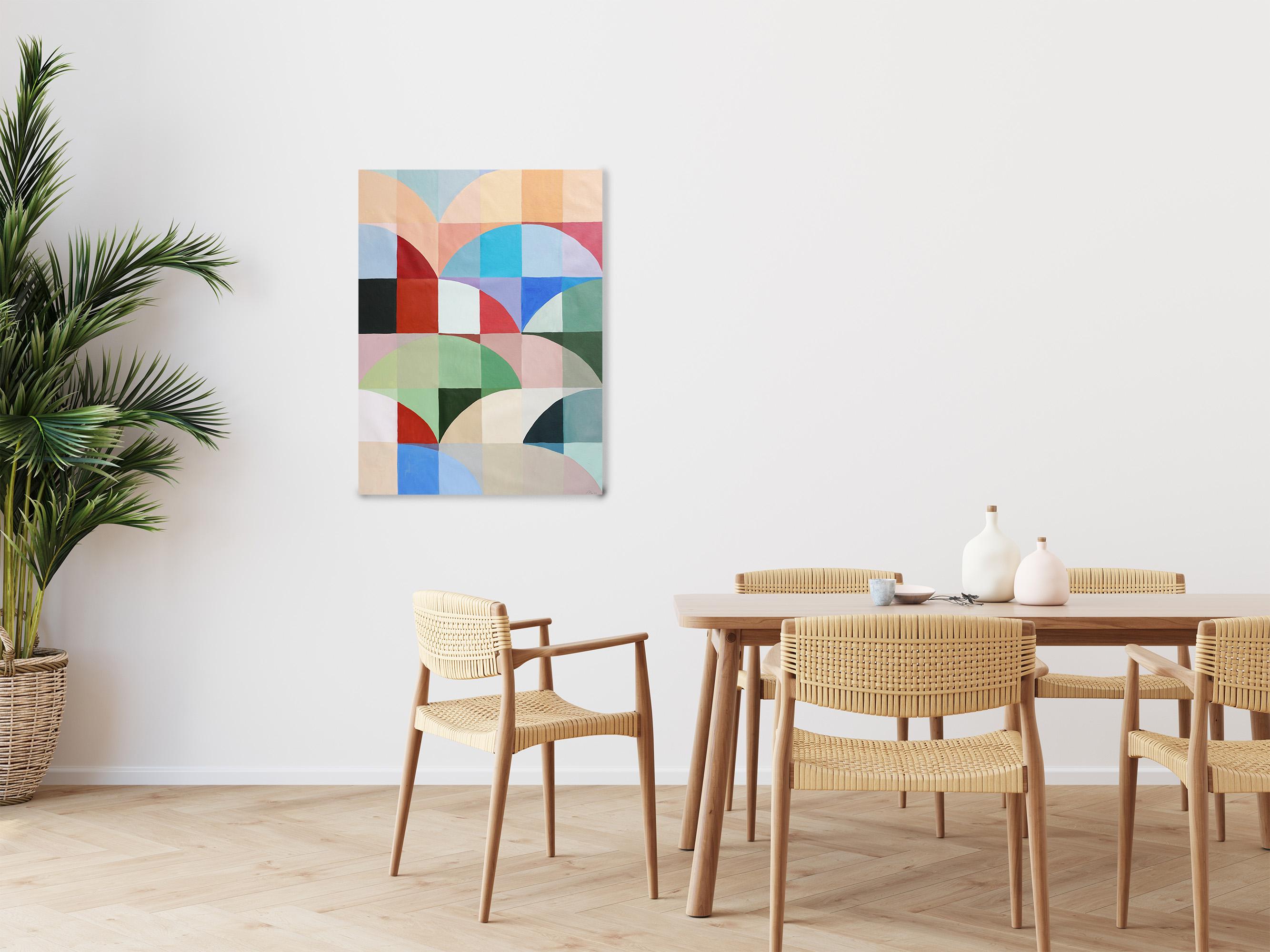 Quadro con motivi geometrici Bauhaus dai toni vivaci, orizzonti colorati, Tela - Painting di Natalia Roman