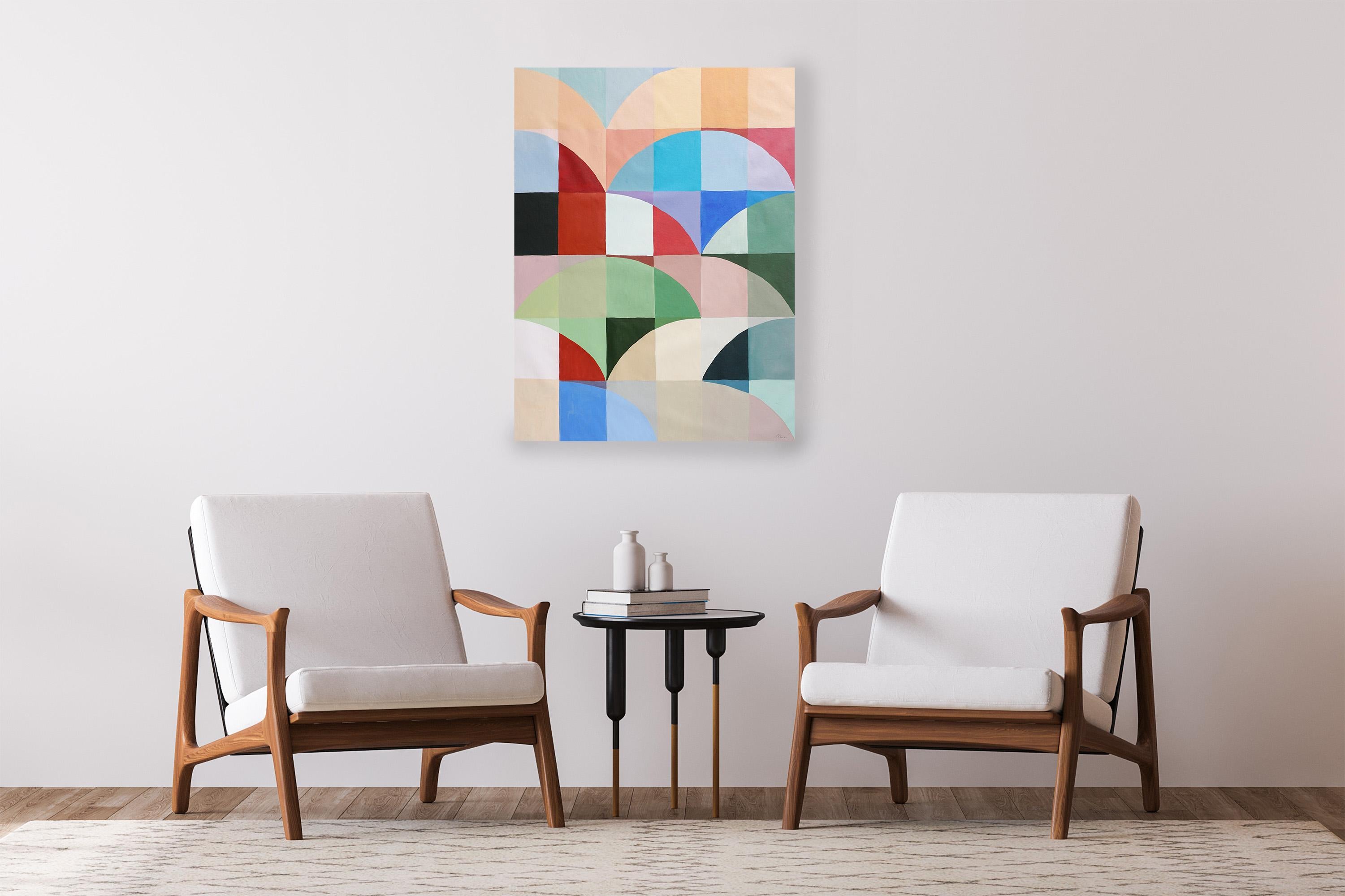 Quadro con motivi geometrici Bauhaus dai toni vivaci, orizzonti colorati, Tela - Interior Painting Grigio di Natalia Roman