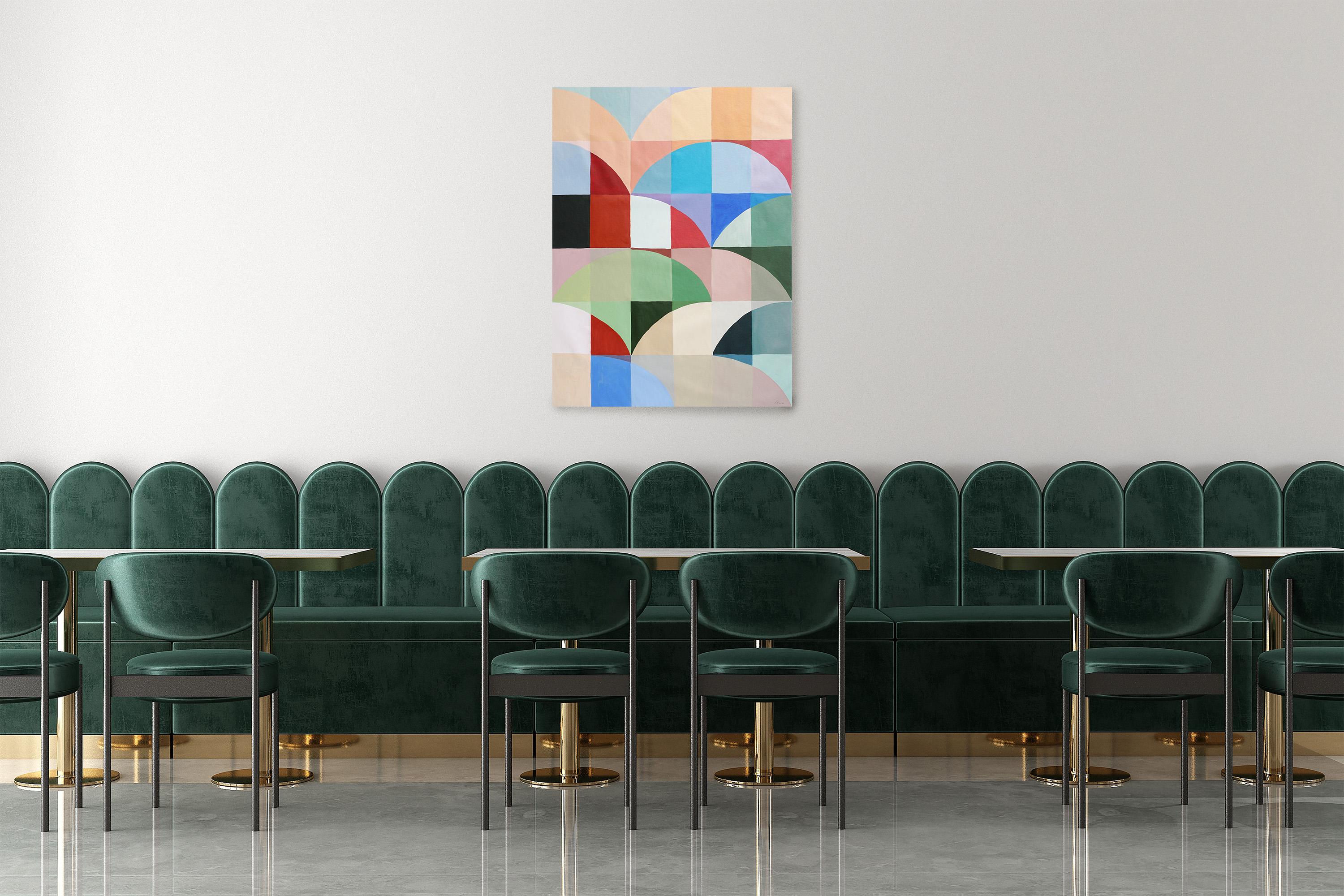 Quadro con motivi geometrici Bauhaus dai toni vivaci, orizzonti colorati, Tela in vendita 1