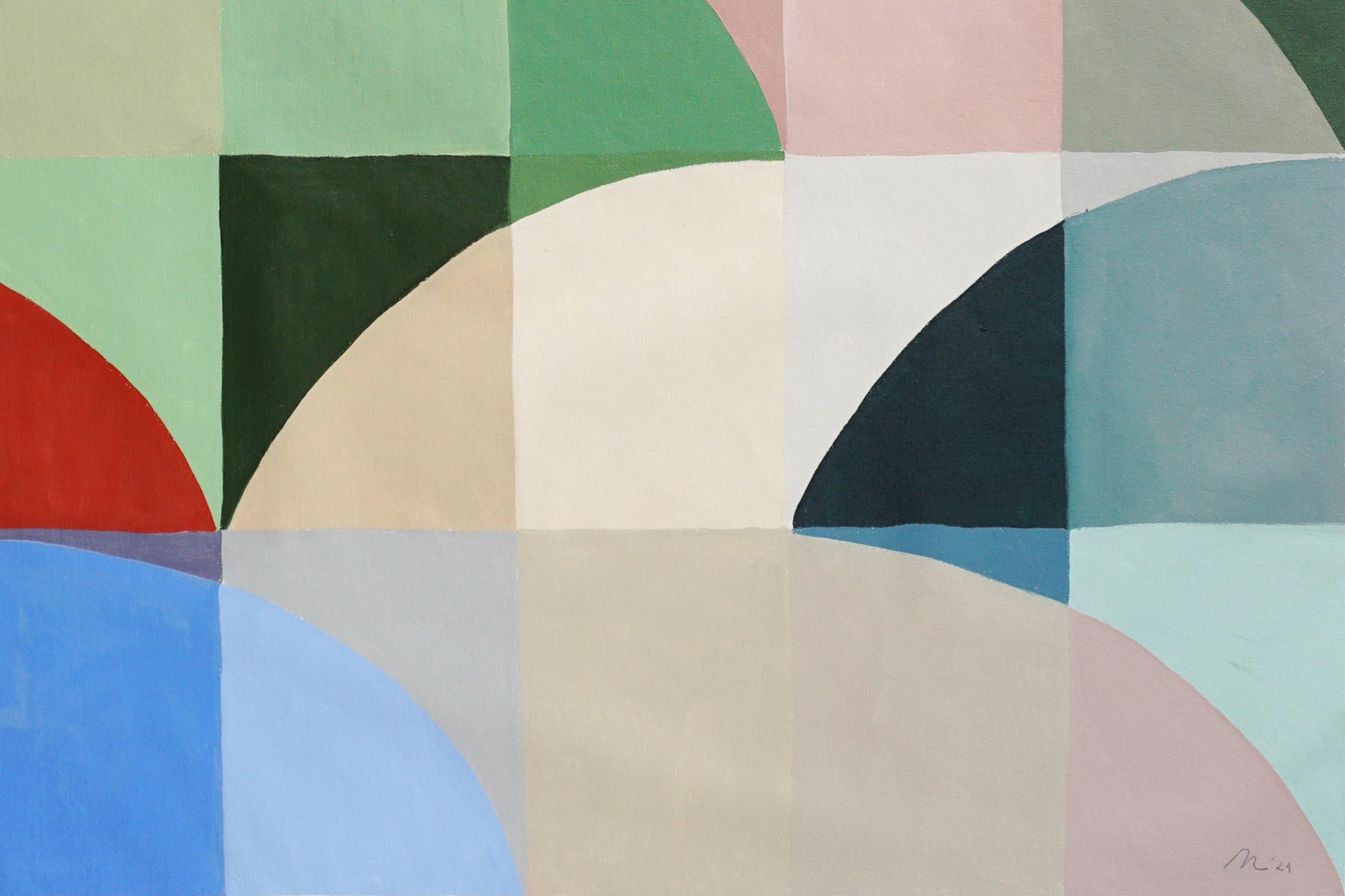 Quadro con motivi geometrici Bauhaus dai toni vivaci, orizzonti colorati, Tela in vendita 3