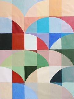 Pintura con motivos geométricos Bauhaus en tonos vivos, horizontes de colores, lienzo