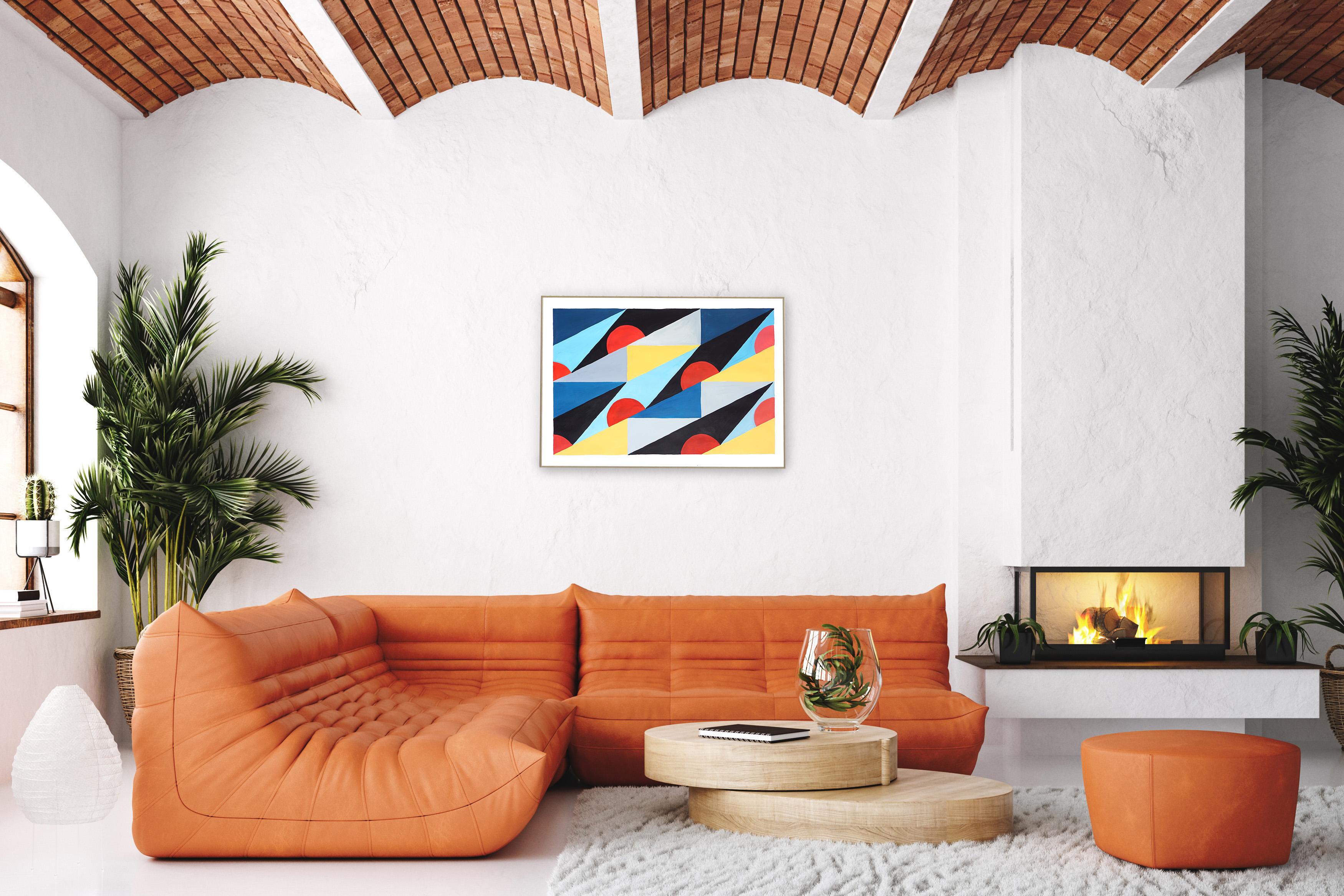 Pintura Geométrica Bauhaus, Azulejos de Playa Art Decó Rojos y Negros sobre Papel 2024 en venta 1