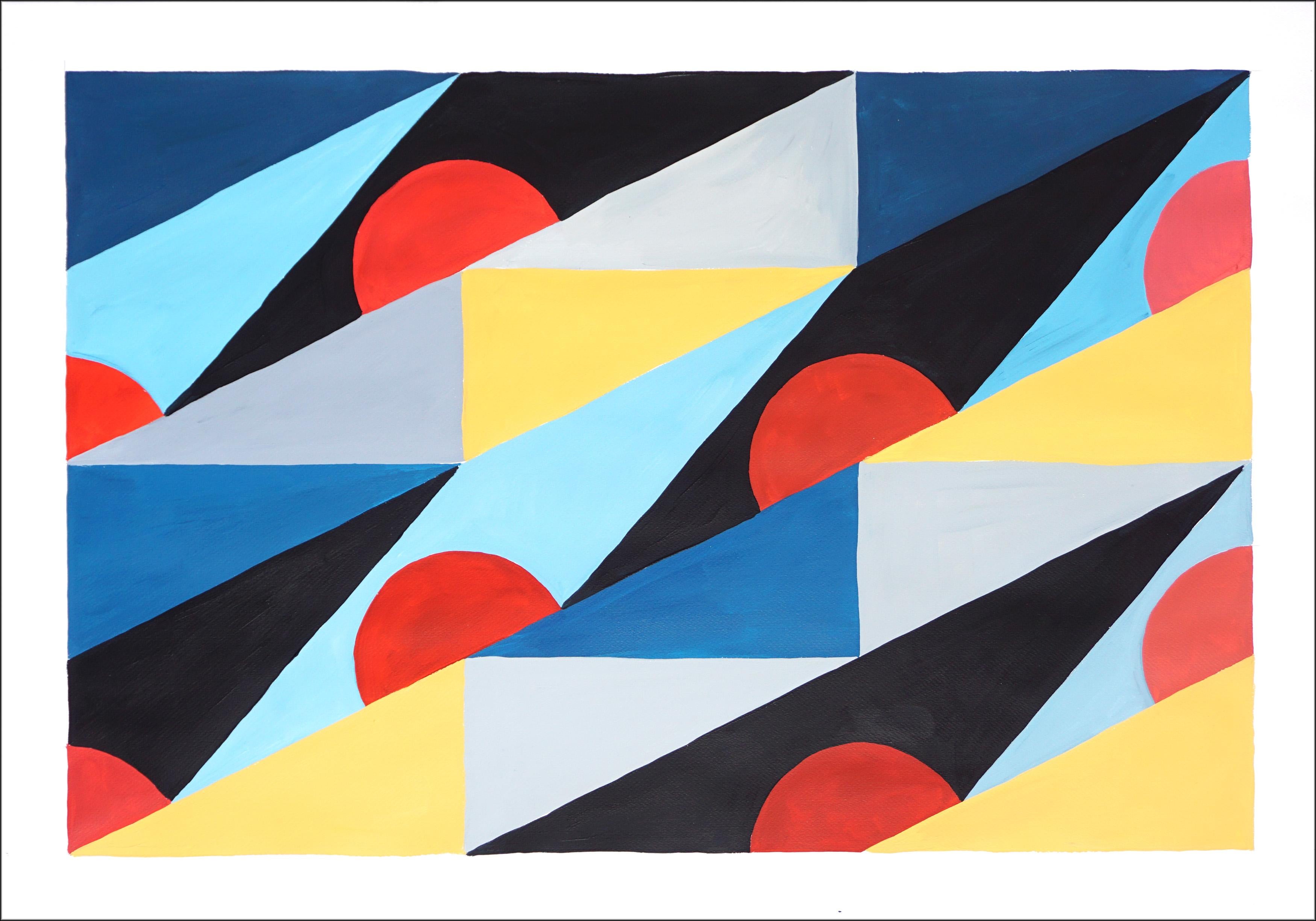 Pintura Geométrica Bauhaus, Azulejos de Playa Art Decó Rojos y Negros sobre Papel 2024