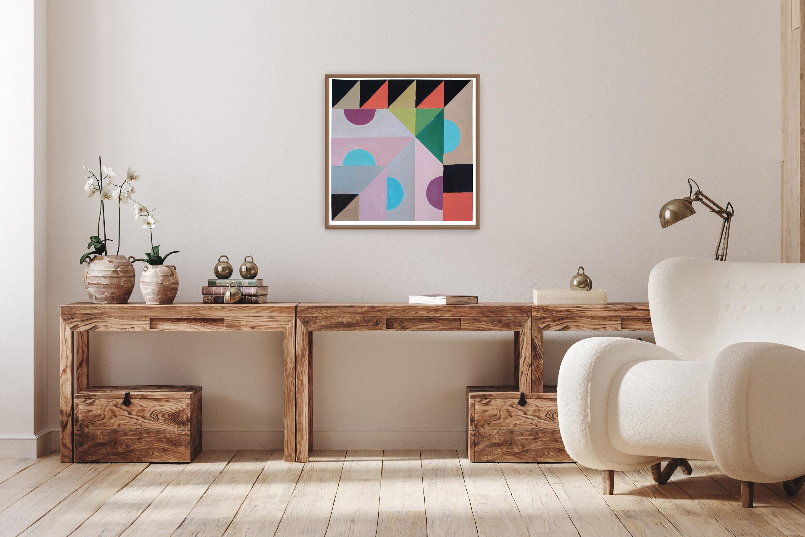 Juego de mesa geométrico, patrón de cuadrícula en tonos fríos, formas tribales, morado, azul coral - Painting de Natalia Roman