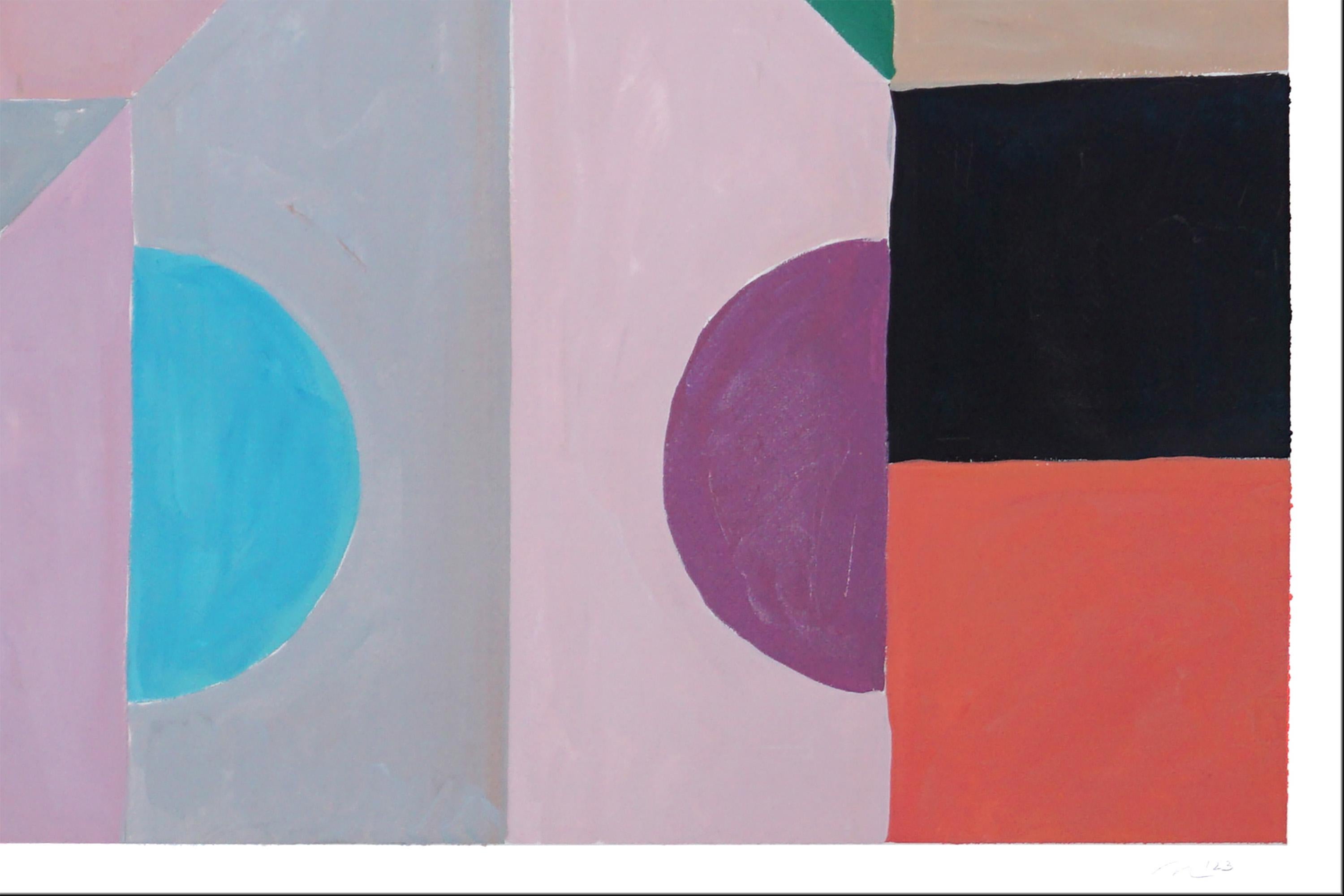 Juego de mesa geométrico, patrón de cuadrícula en tonos fríos, formas tribales, morado, azul coral - Abstract Painting Gris de Natalia Roman