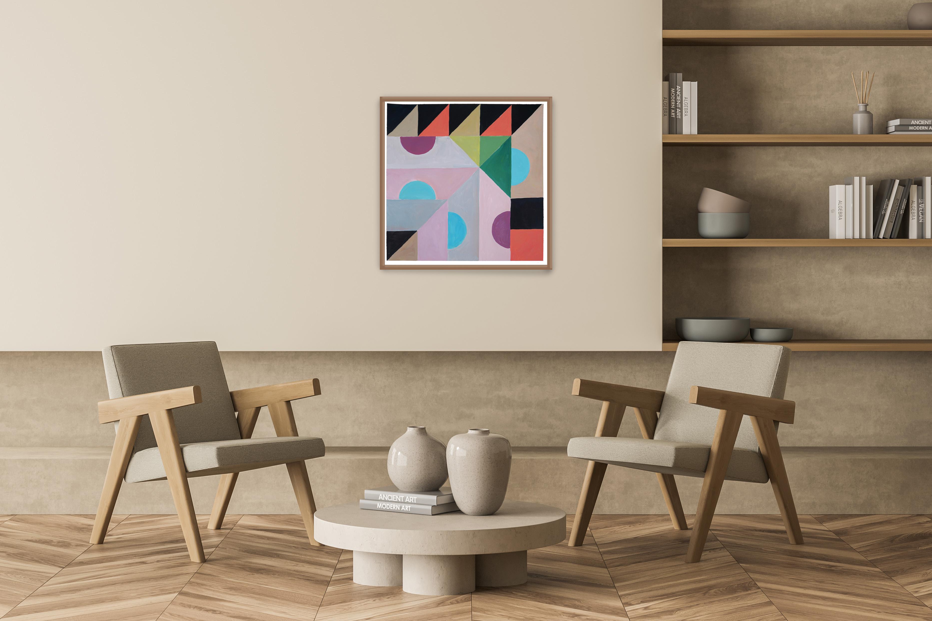 Geometric Board Game, Cold Tones Grid Pattern, Tribal Shapes, Purple, Coral Blue - Gray Abstract Painting by Natalia Roman