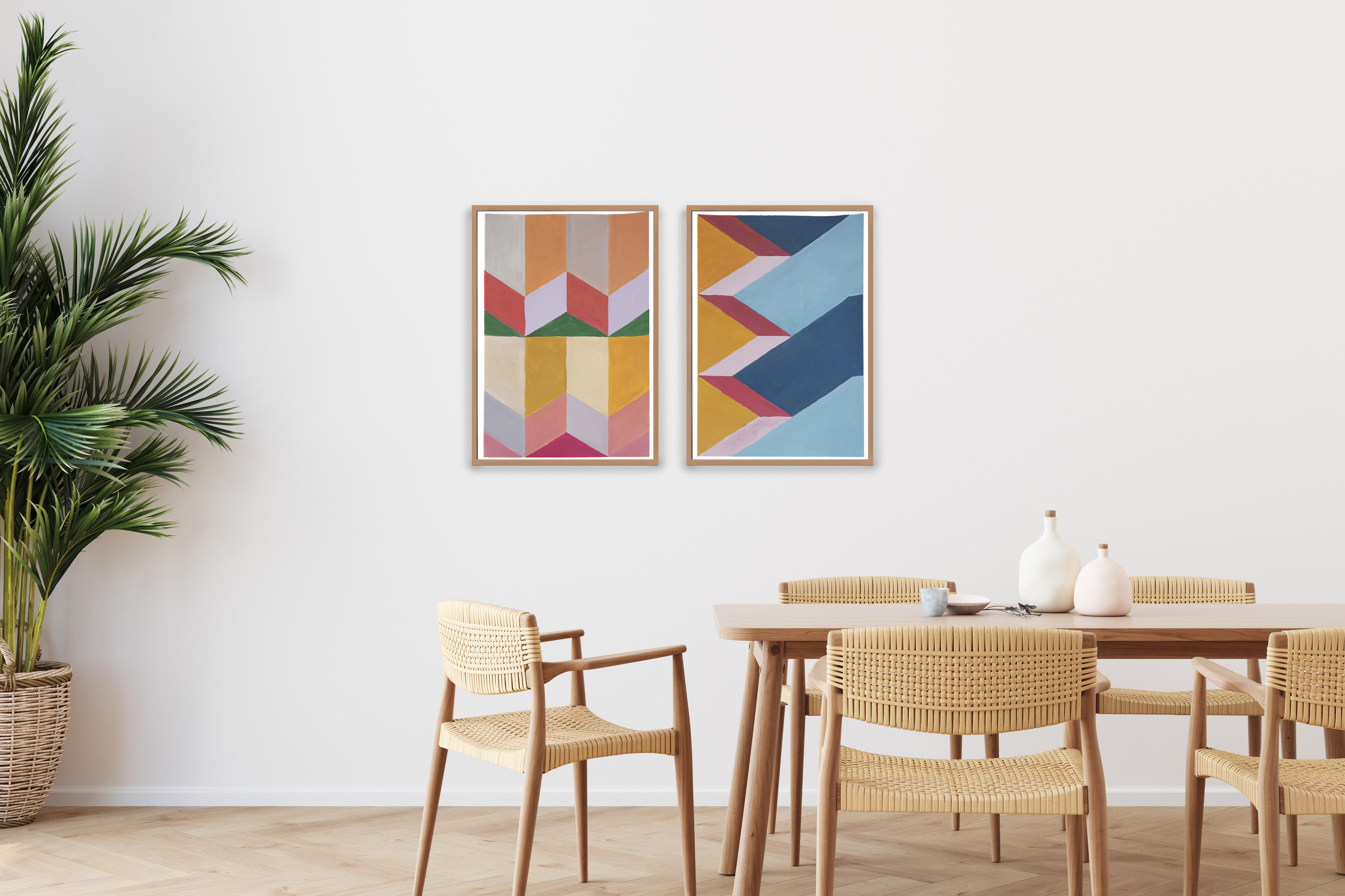 Geometric Coloured Dunes Over Sky, Bauhaus Pattern Diptych, Pastel Coral, Blue - Painting by Natalia Roman