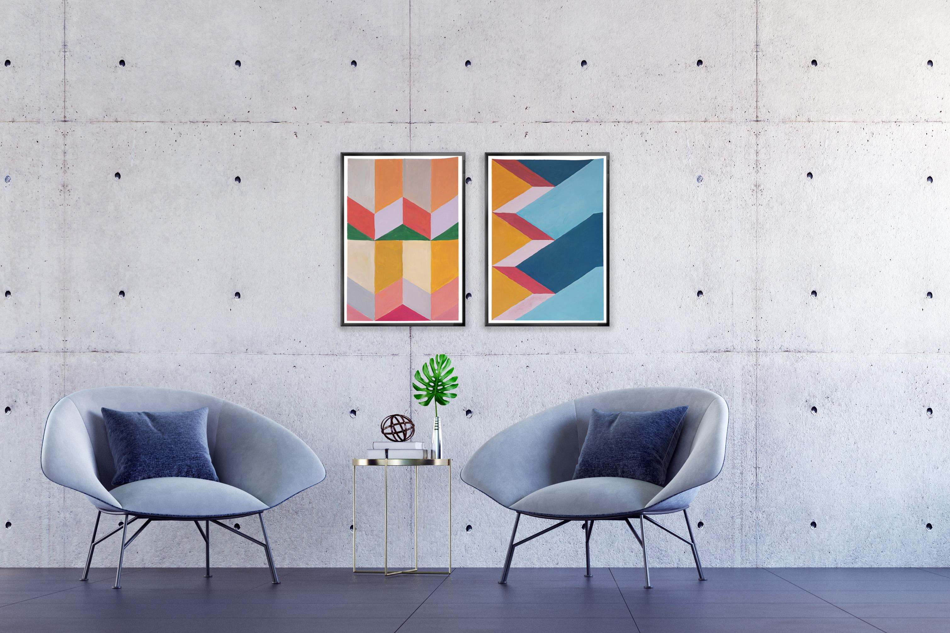 Geometric Coloured Dunes Over Sky, Bauhaus Pattern Diptych, Pastel Coral, Blue - Gray Landscape Painting by Natalia Roman