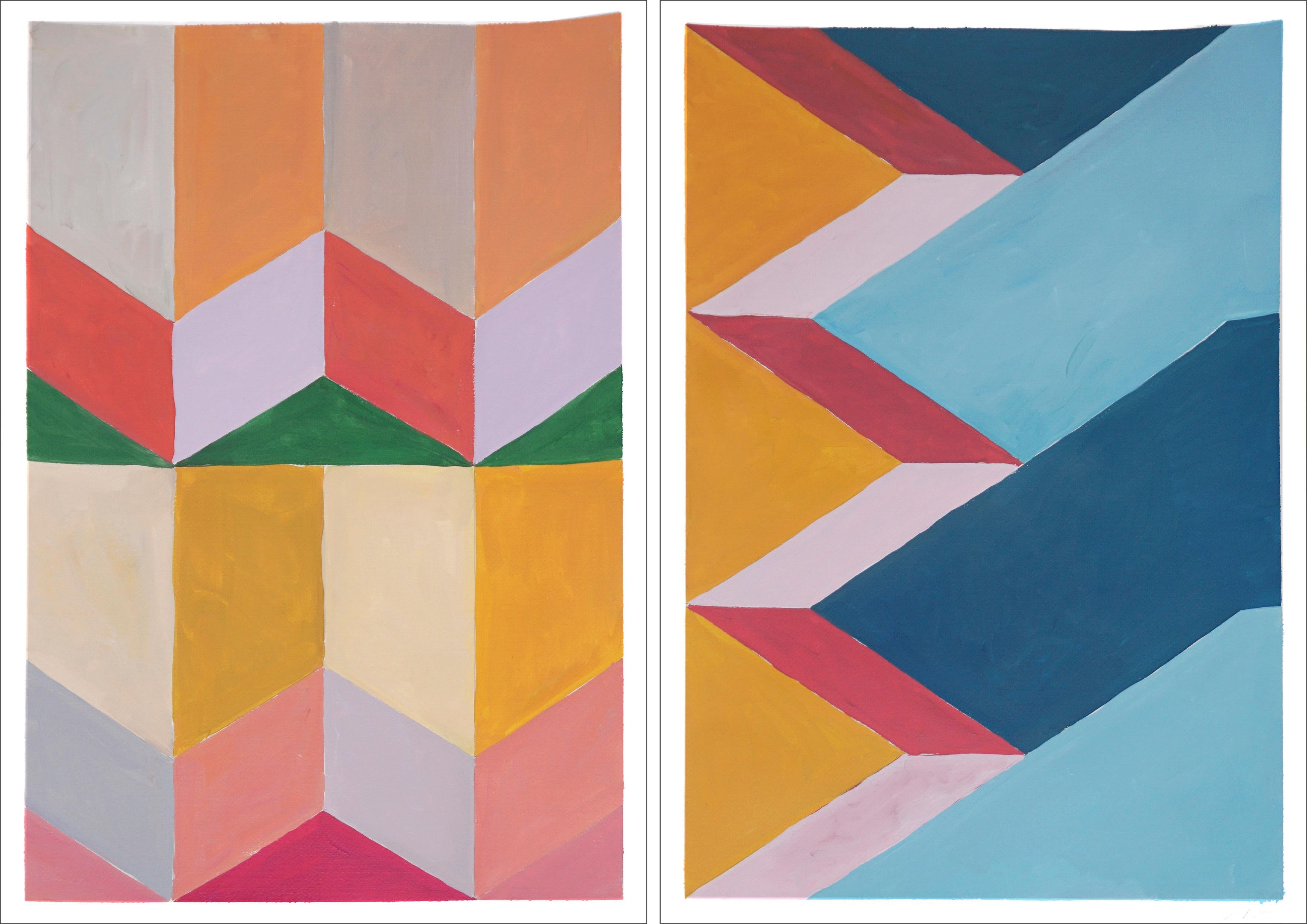 Natalia Roman Landscape Painting - Geometric Coloured Dunes Over Sky, Bauhaus Pattern Diptych, Pastel Coral, Blue