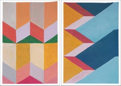 Geometric Coloured Dunes Over Sky, Bauhaus Pattern Diptych, Pastel Coral, Blue