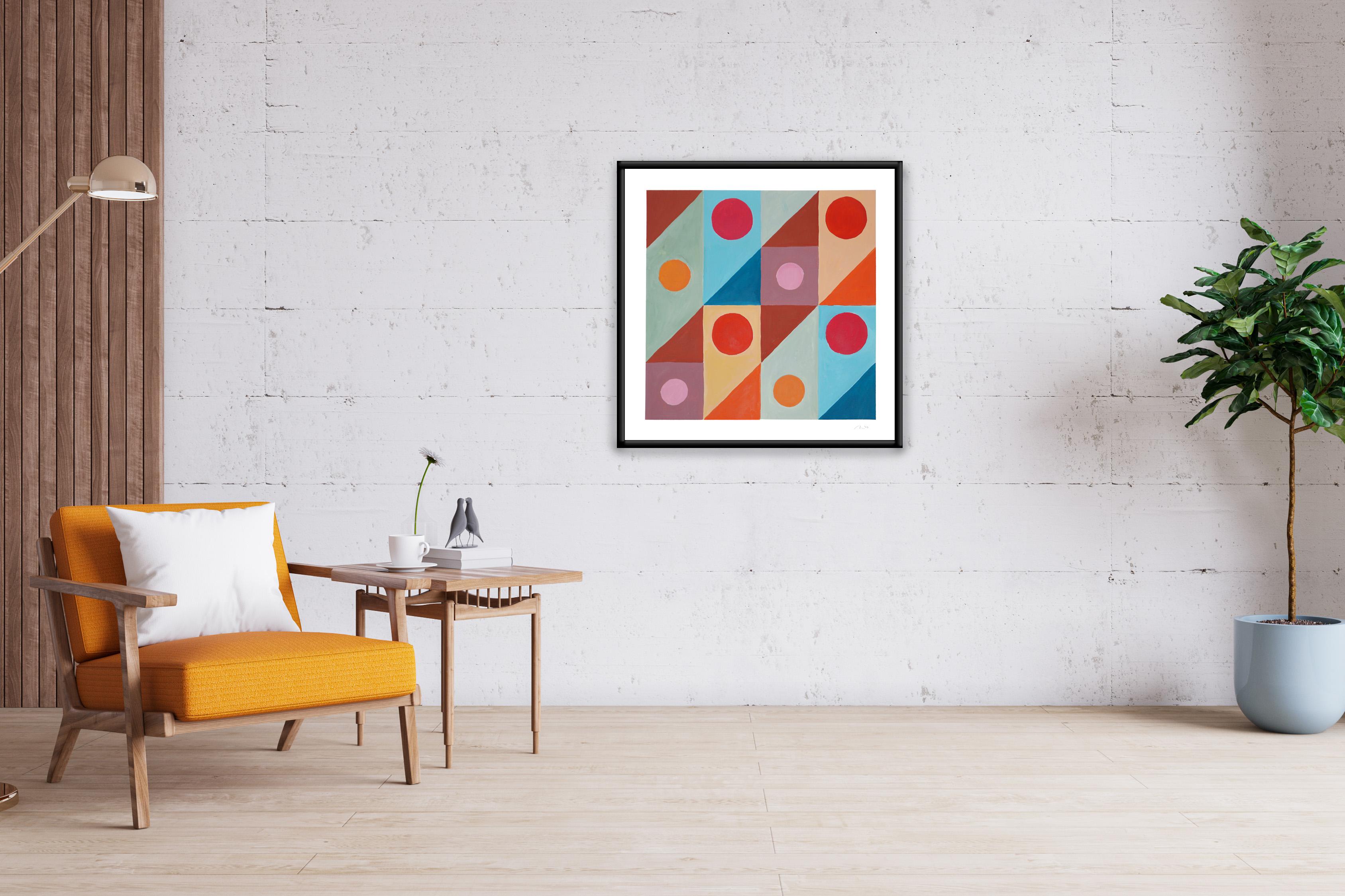 Coralli geometrici dell'oceano, astratto, cerchi rossi, blu, senape, griglia diagonale - Painting di Natalia Roman