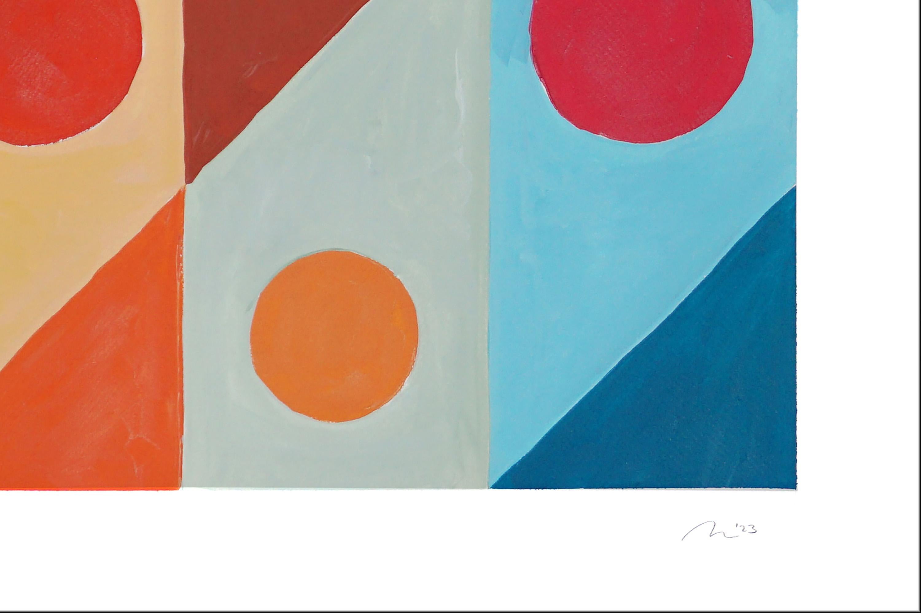 Geometric Ocean Corals, Abstract, Rouge Circles, Blue, Mustard, Diagonal Grid  - Bauhaus Painting by Natalia Roman