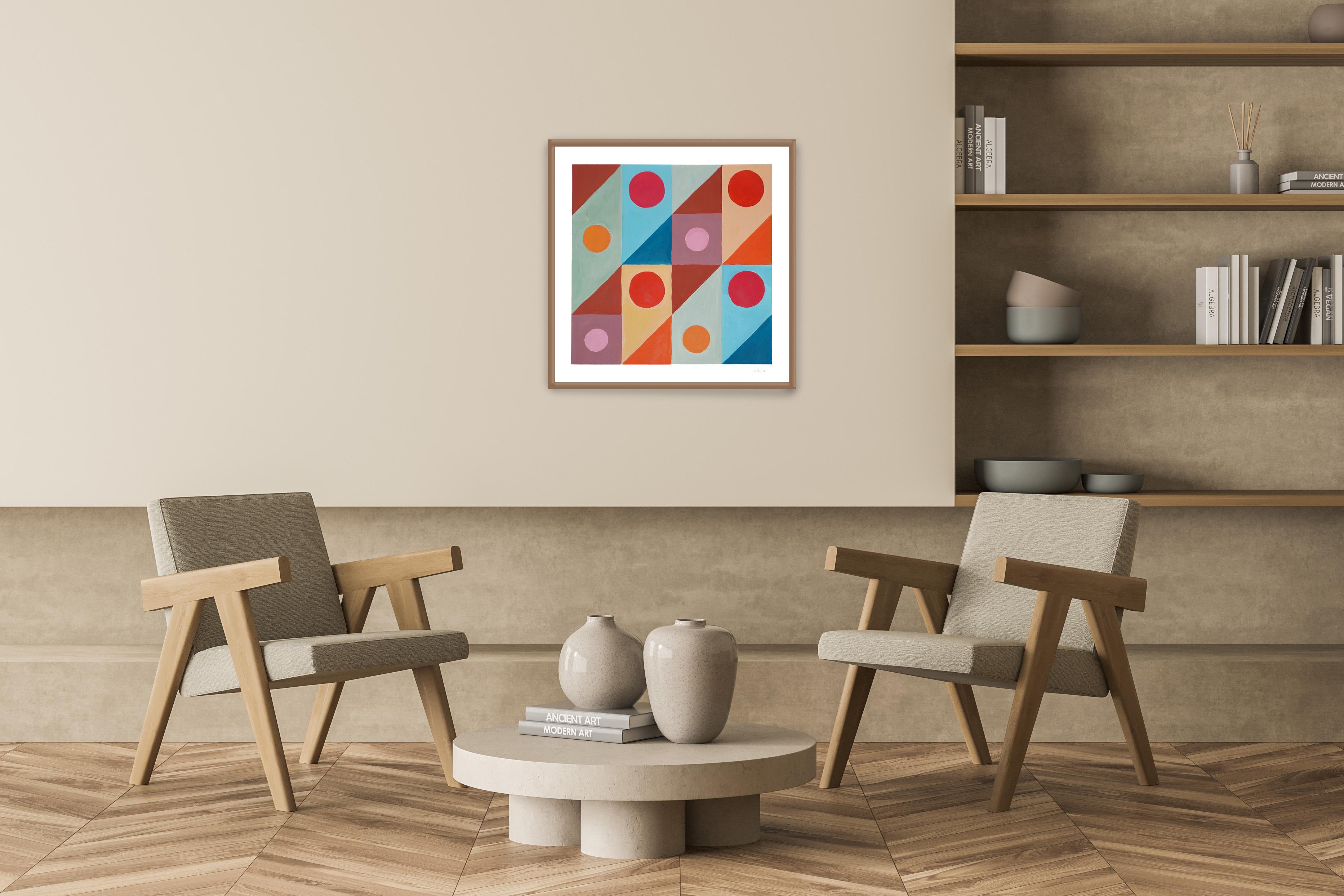 Geometric Ocean Corals, Abstract, Rouge Circles, Blue, Mustard, Diagonal Grid  - Brown Abstract Painting by Natalia Roman