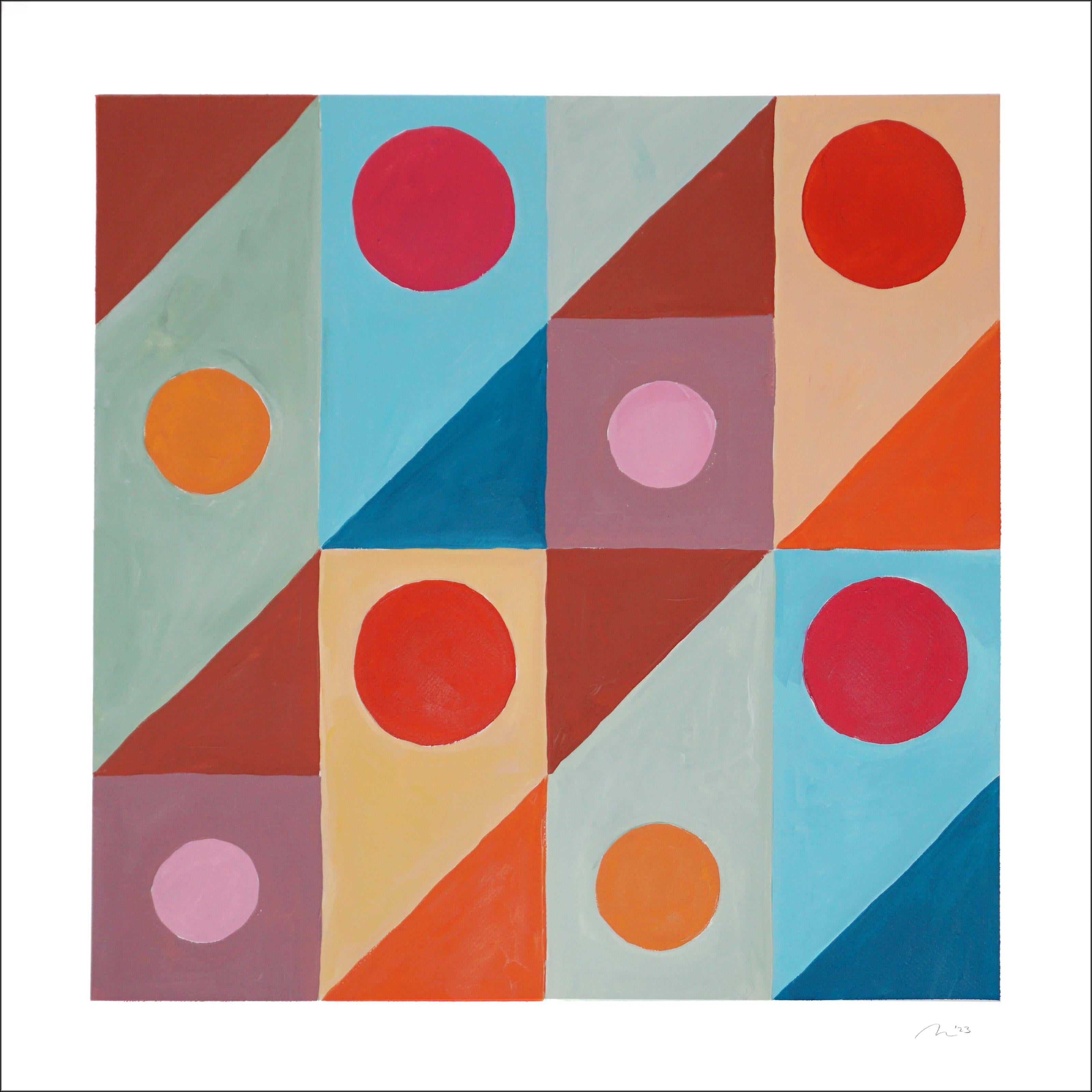 Natalia Roman Abstract Painting - Geometric Ocean Corals, Abstract, Rouge Circles, Blue, Mustard, Diagonal Grid 
