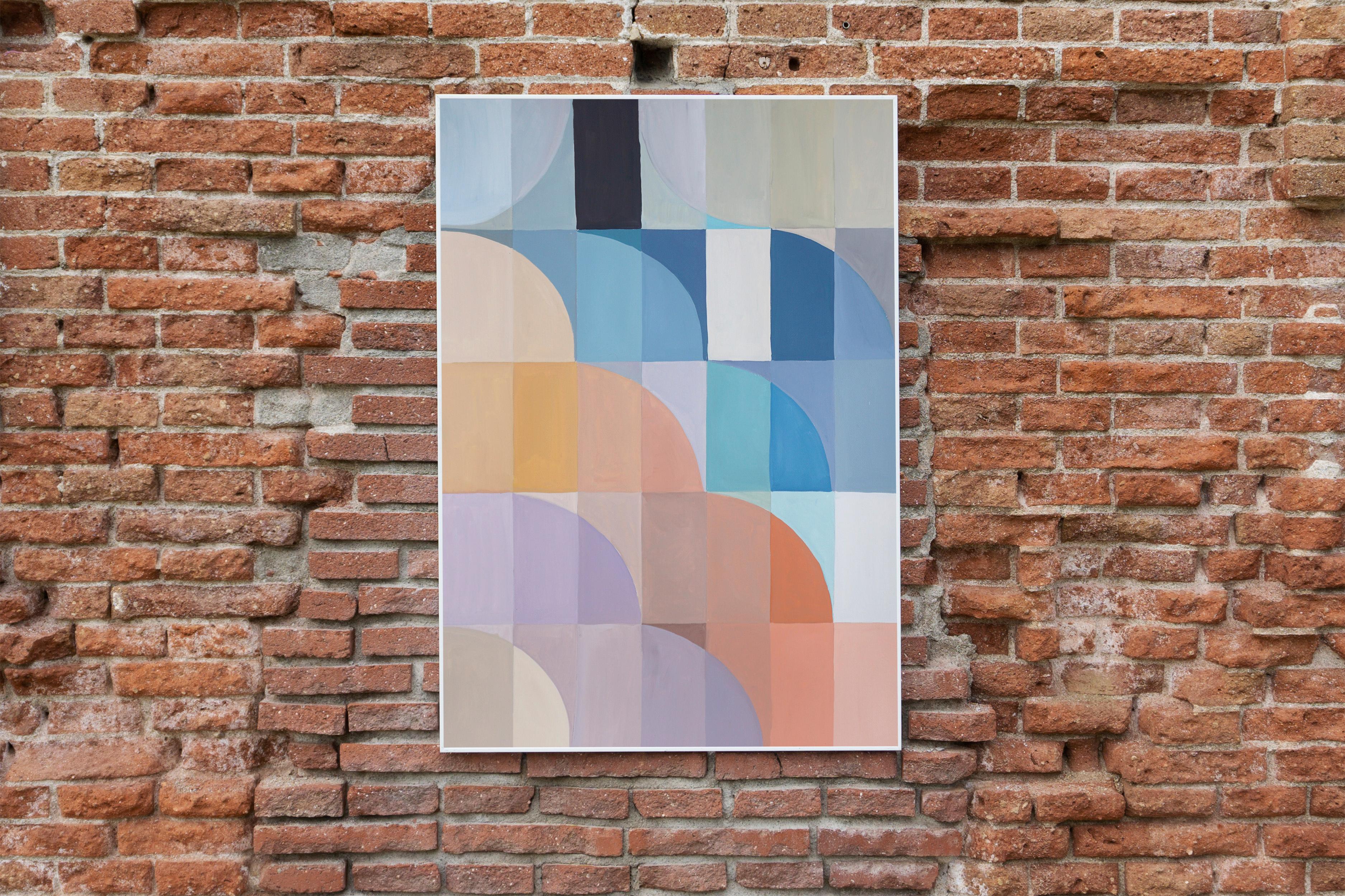 Geometric Pastel Cloudy Sky, Soft Purple and Baby Blue, Bauhaus Grid Patterns  - Painting by Natalia Roman