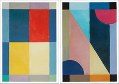 Geometric Portrait Couple, Memphis Style Duo, Primary Tones Diptych, Blue Shape
