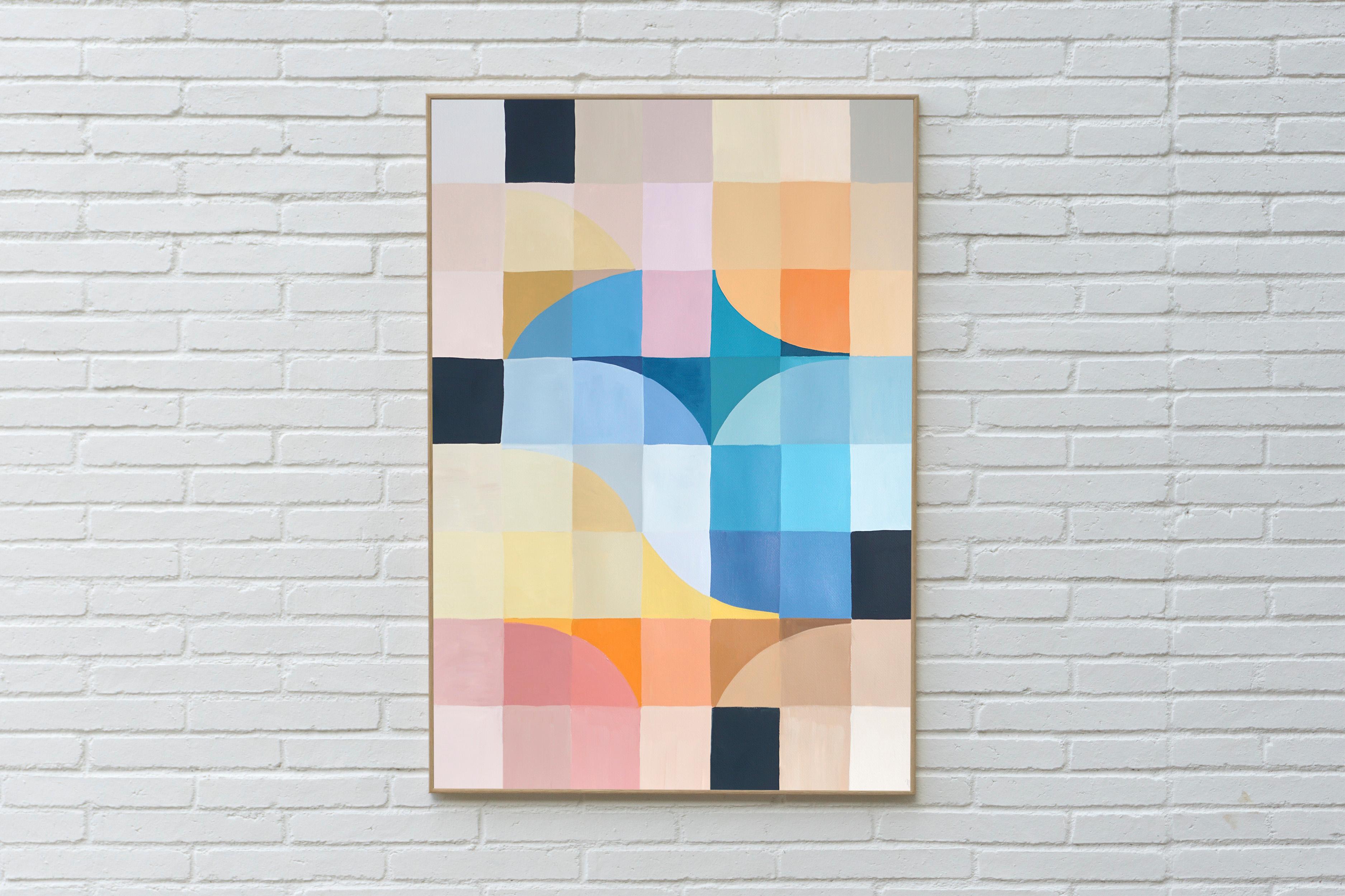 Gold Coast Daydream, Ventana de cristal de colores, Rejilla Bauhaus  Cuadrados en turquesa - Painting de Natalia Roman