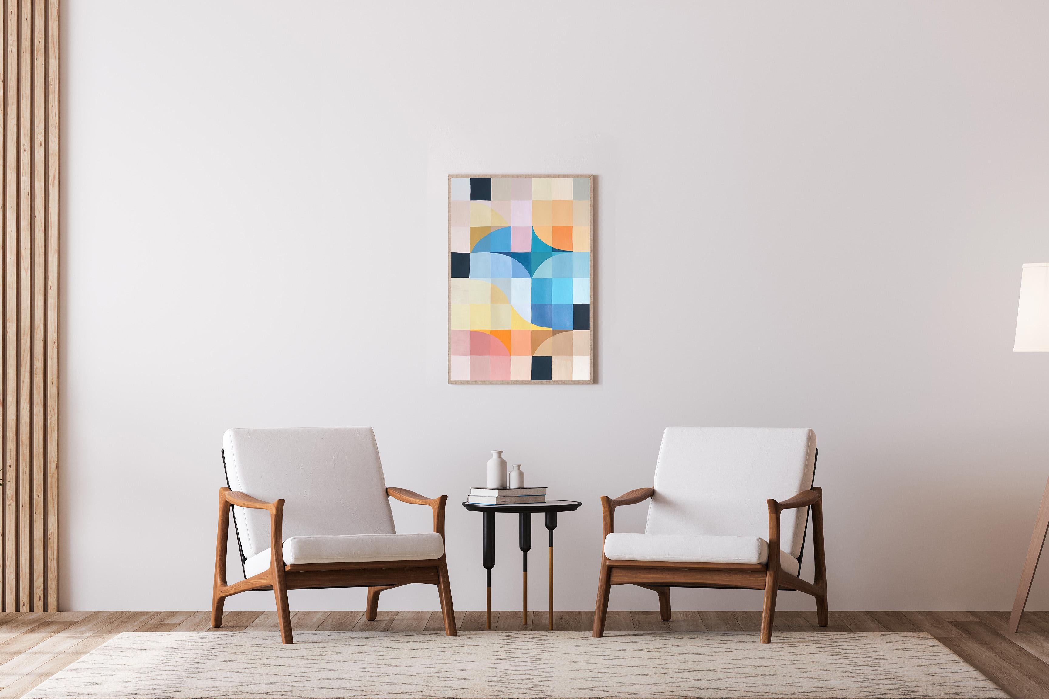 Gold Coast Daydream, Ventana de cristal de colores, Rejilla Bauhaus  Cuadrados en turquesa - Painting Cubista de Natalia Roman