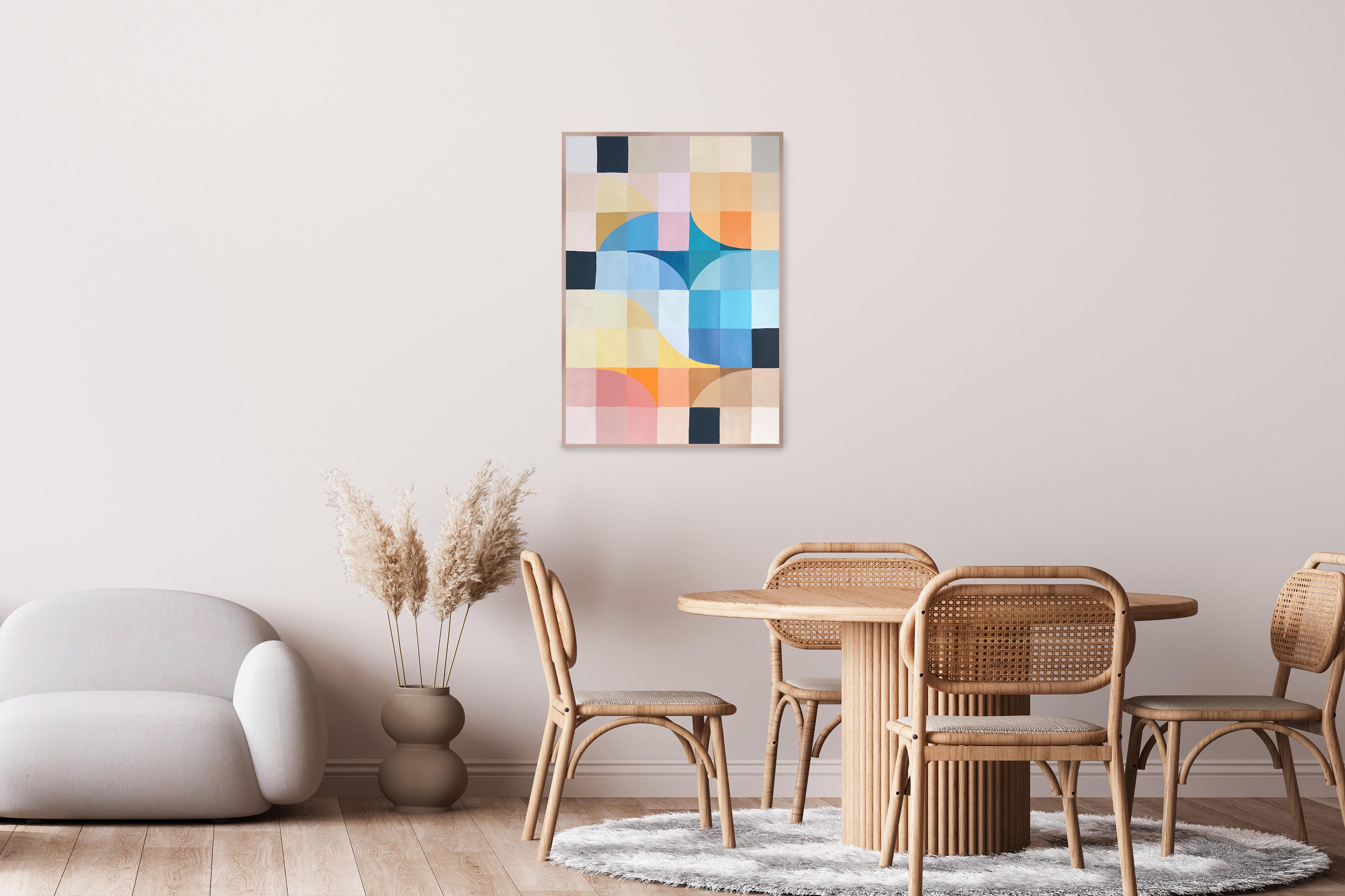 Esta serie de pinturas geométricas abstractas de Natalia Roman se inspira en las elegantes cuadrículas y curvas de la arquitectura Bauhaus, al tiempo que explora variaciones de colores brillantes y pastel. Los arcos y curvas, meticulosamente