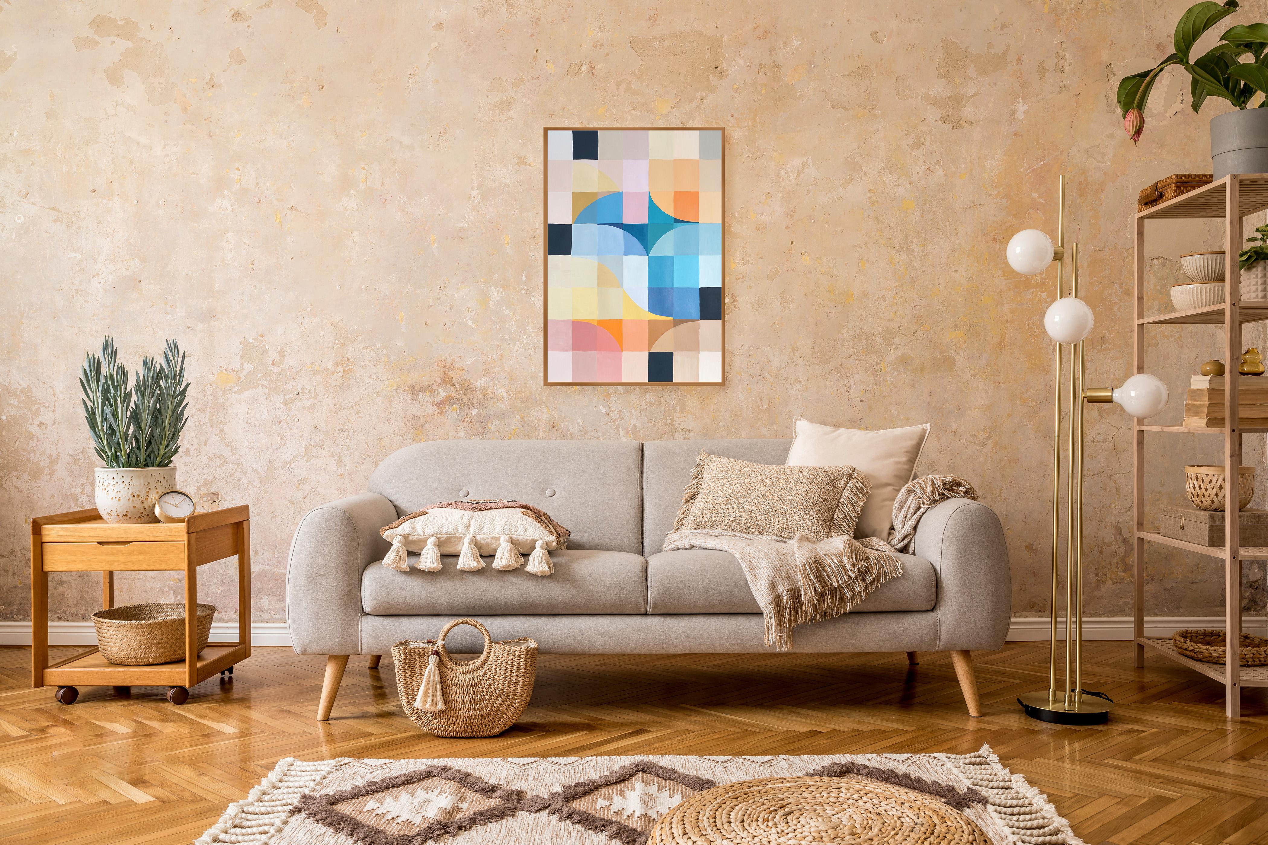 Gold Coast Daydream, Ventana de cristal de colores, Rejilla Bauhaus  Cuadrados en turquesa en venta 2