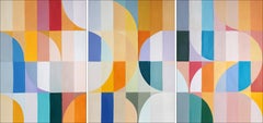 Golden Bauhaus Hourglass, Geometric Arches, Yellow, Pastel Tones Triptych, Paper