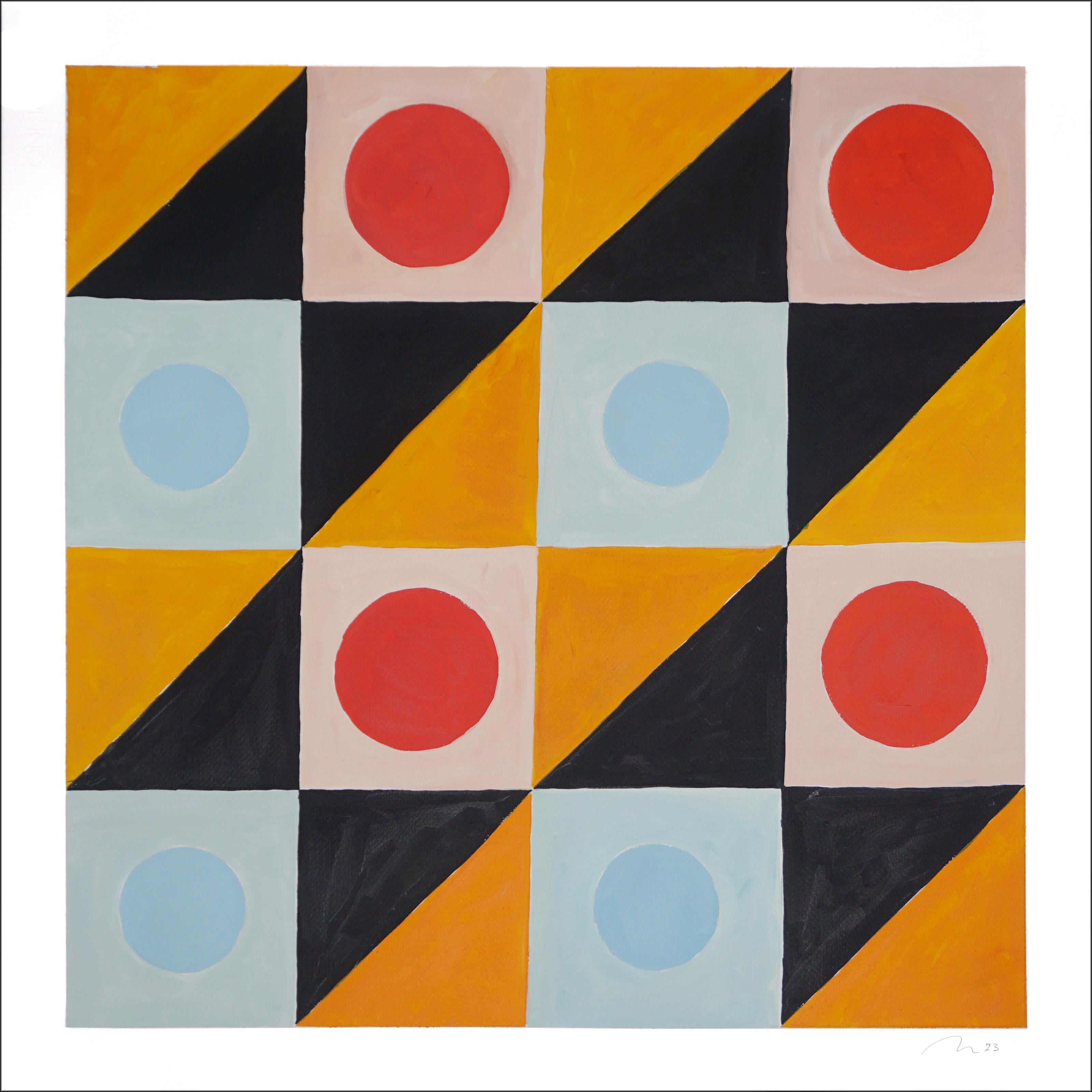 Goldener Bienenkäfig, Quadratisches Gemälde, abstraktes geometrisches Gitter, Gelb, Schwarz, Rot 