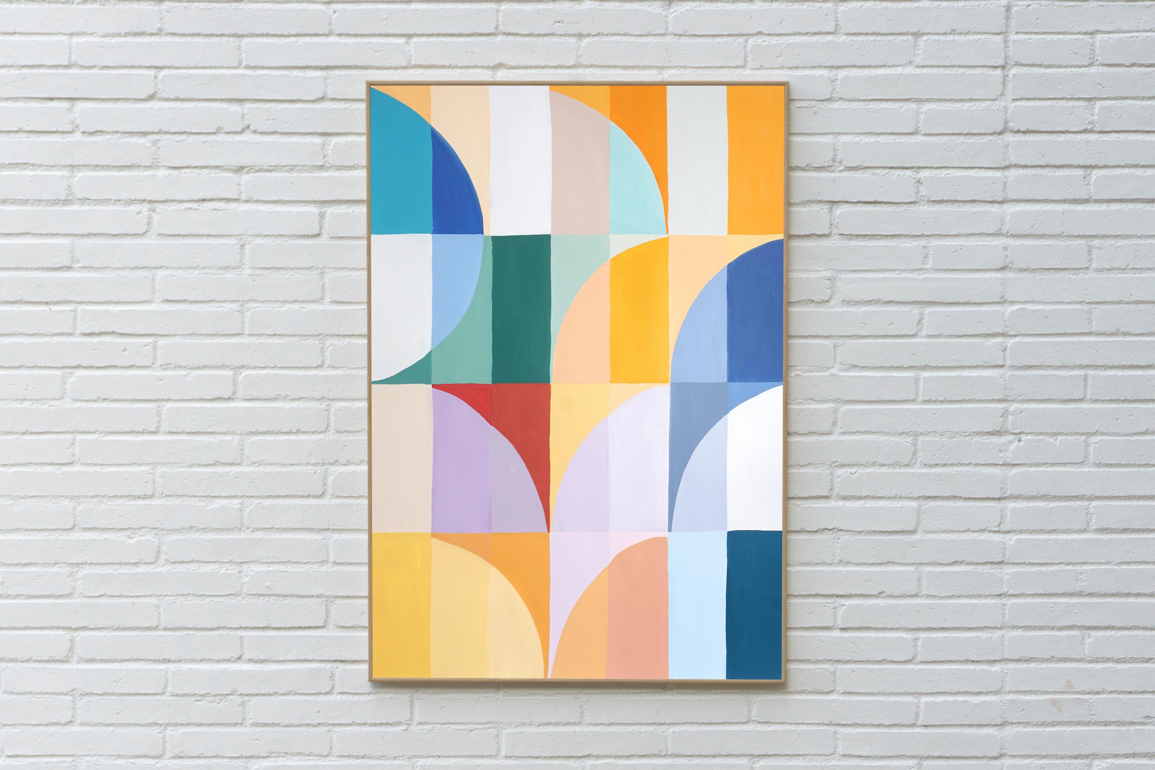 Hora dorada, pintura vertical Bauhaus en tonos amarillos, cuadrícula de arcos verdes, papel - Painting de Natalia Roman
