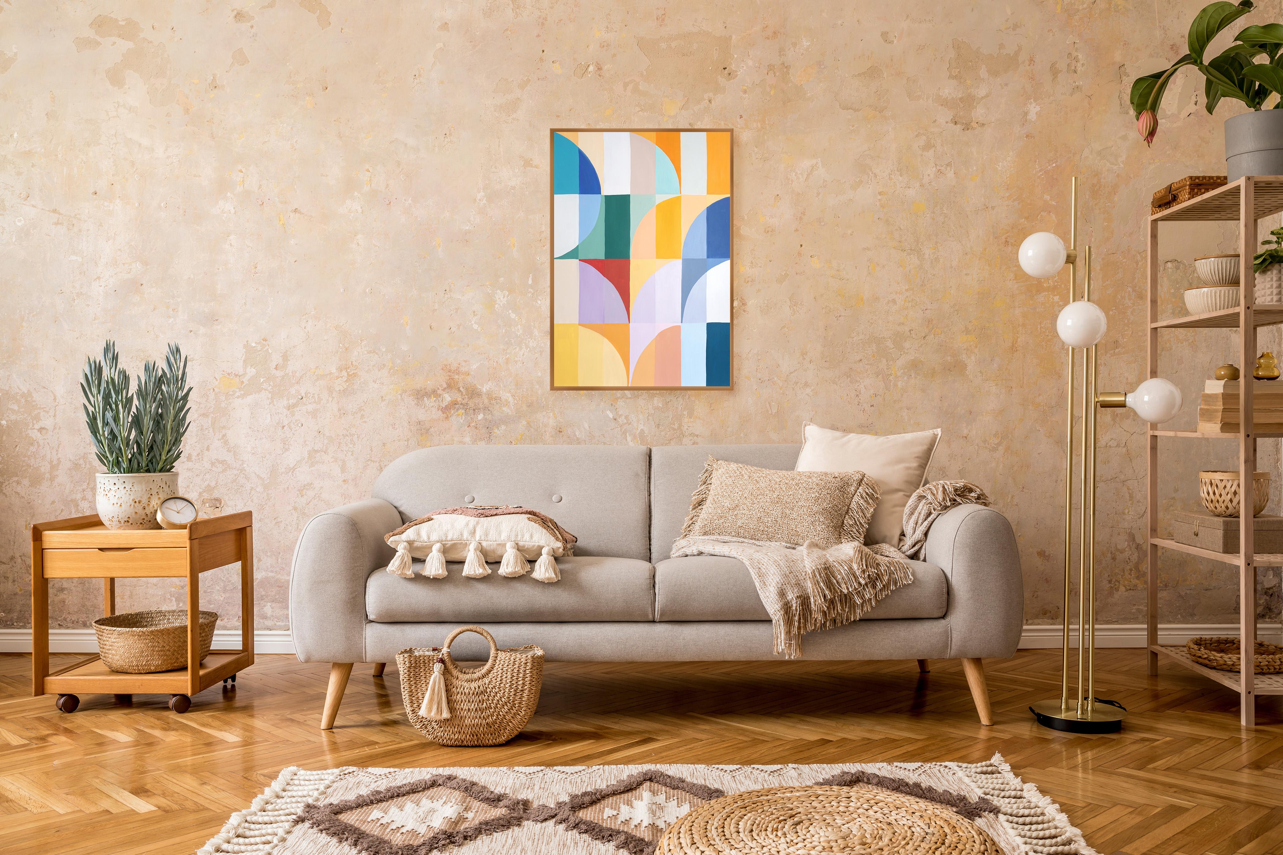 Hora dorada, pintura vertical Bauhaus en tonos amarillos, cuadrícula de arcos verdes, papel - Landscape Painting Beige de Natalia Roman