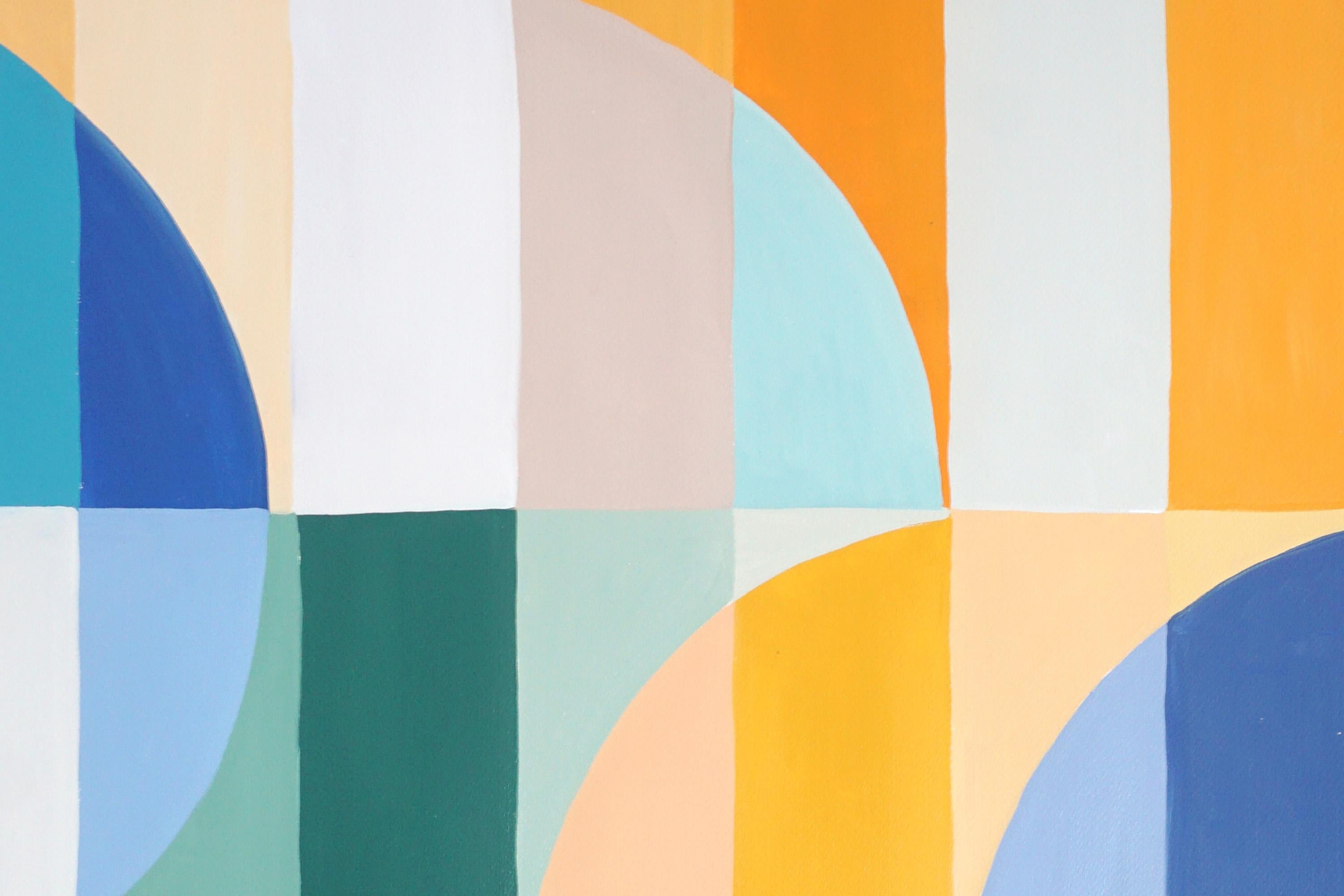 Esta serie de pinturas geométricas abstractas de Natalia Roman se inspira en las elegantes cuadrículas y curvas de la arquitectura Bauhaus, al tiempo que explora variaciones de colores vivos y brillantes. Los arcos y curvas, meticulosamente